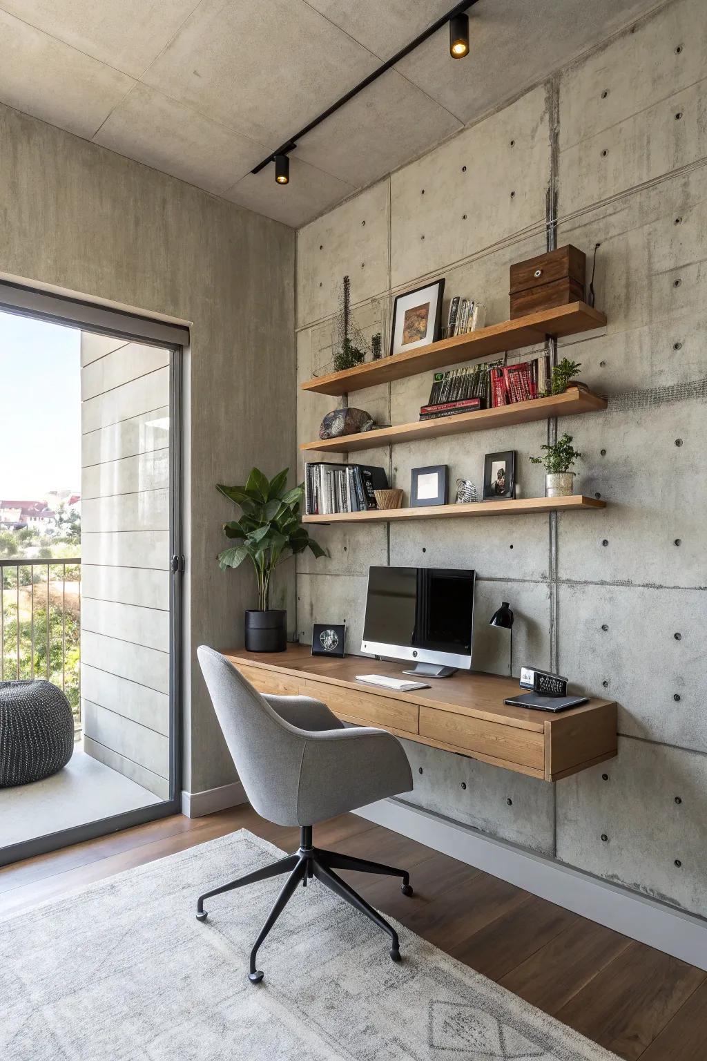 An industrial concrete wall with modern decor in a workspace.