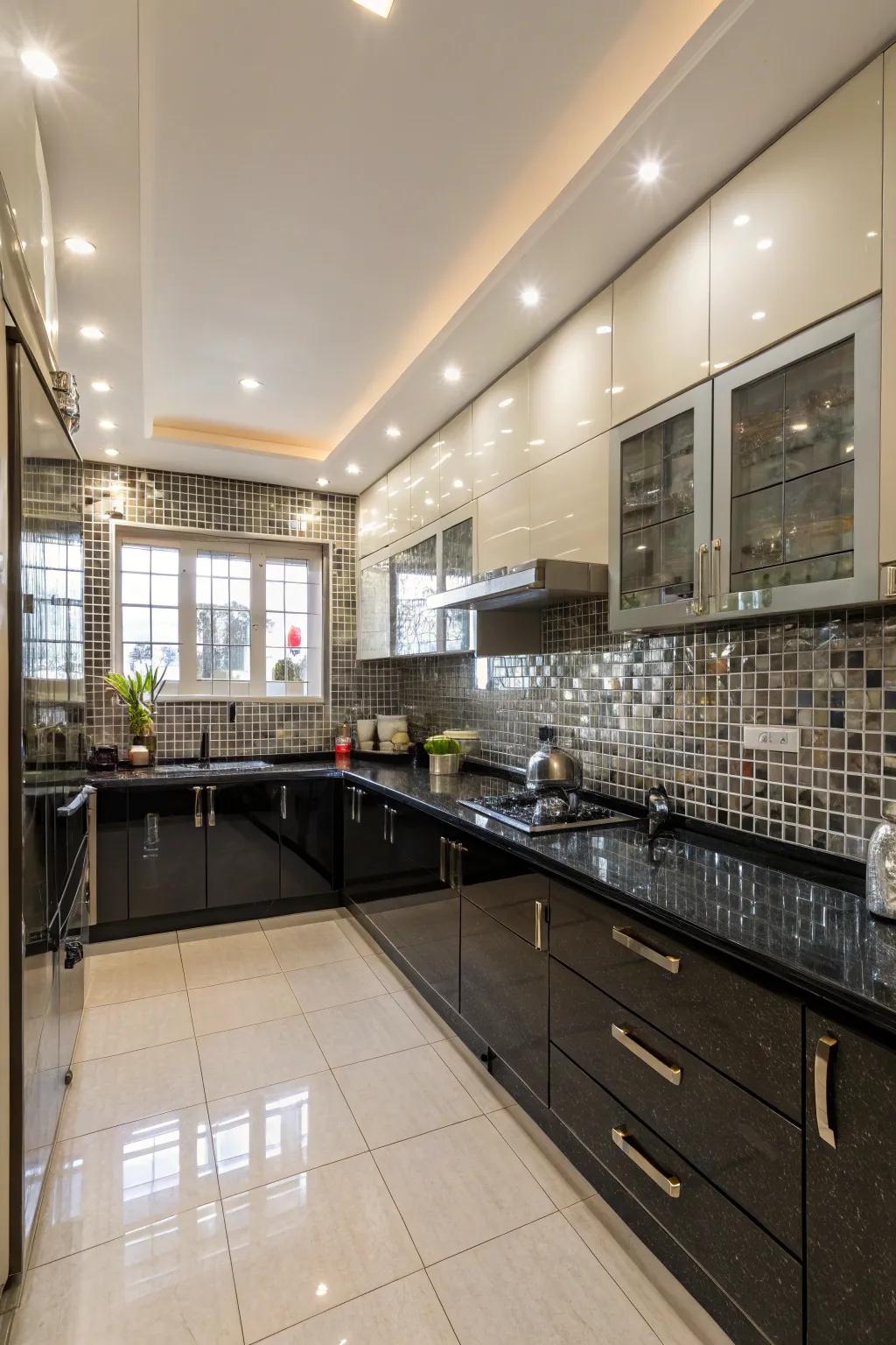 Mirror tiles create a sense of space and light in kitchens.