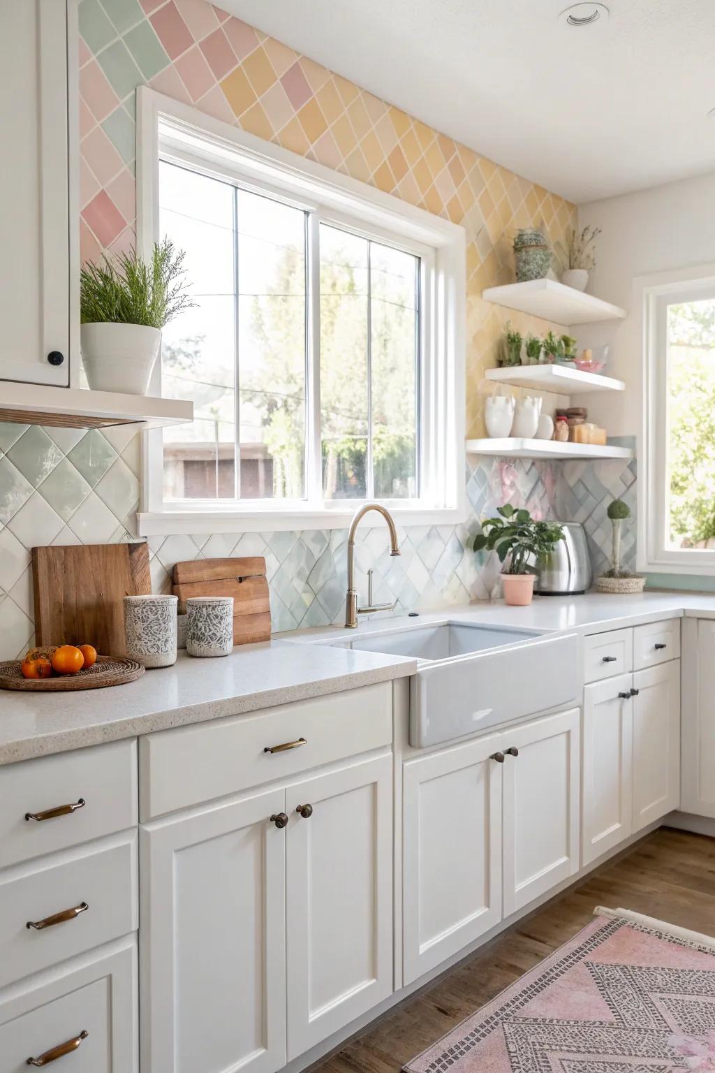 Gentle tone tiles foster a calming atmosphere in this white kitchen.