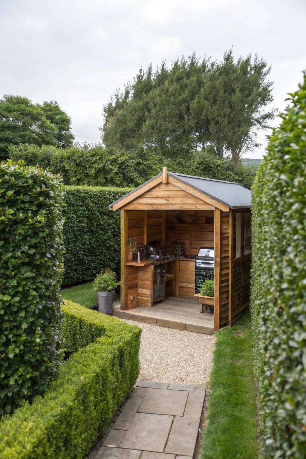 A secluded oasis with a BBQ structure and privacy walls.