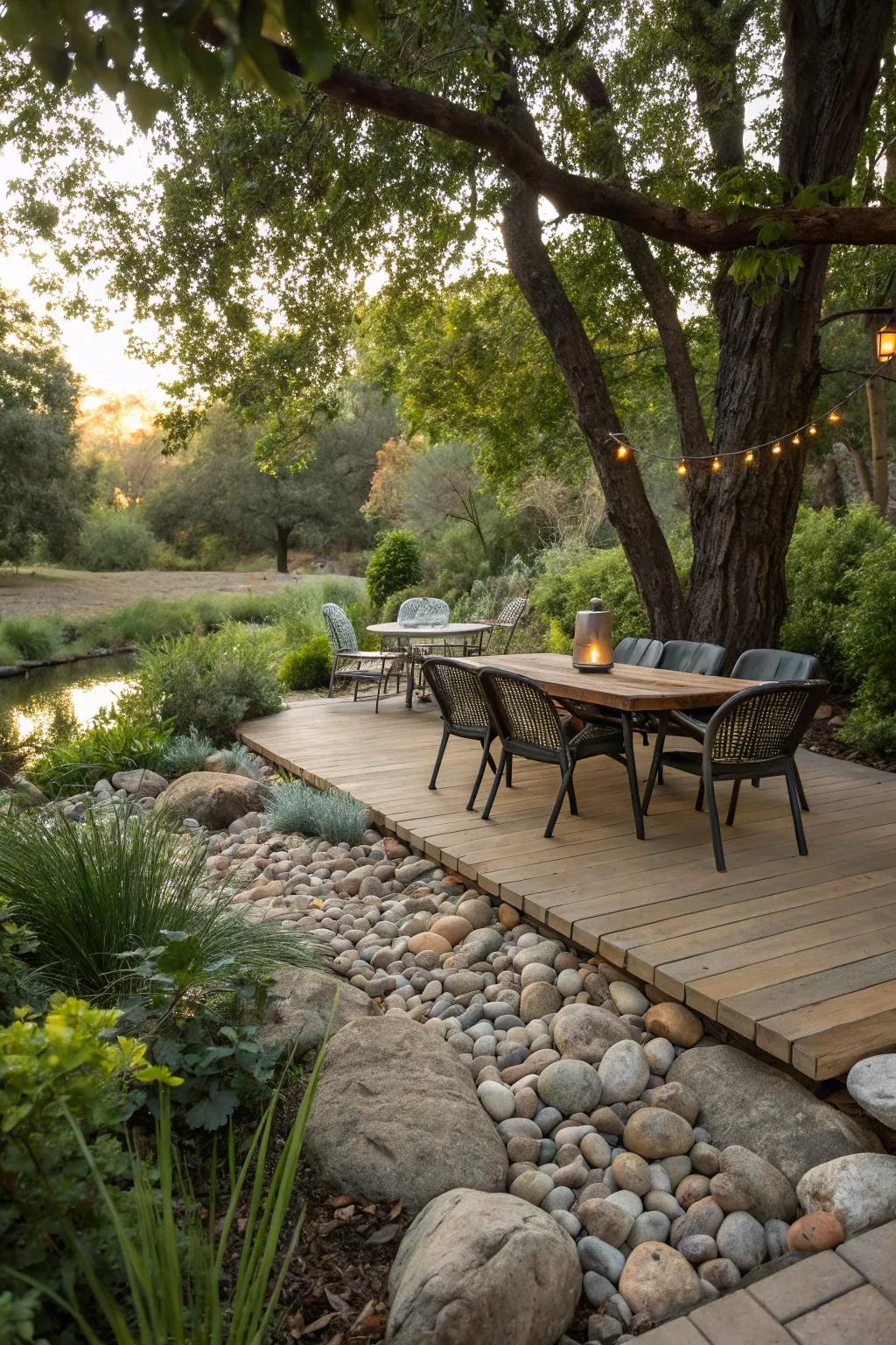 Stream stones accentuate the organic flow of outdoor spaces.