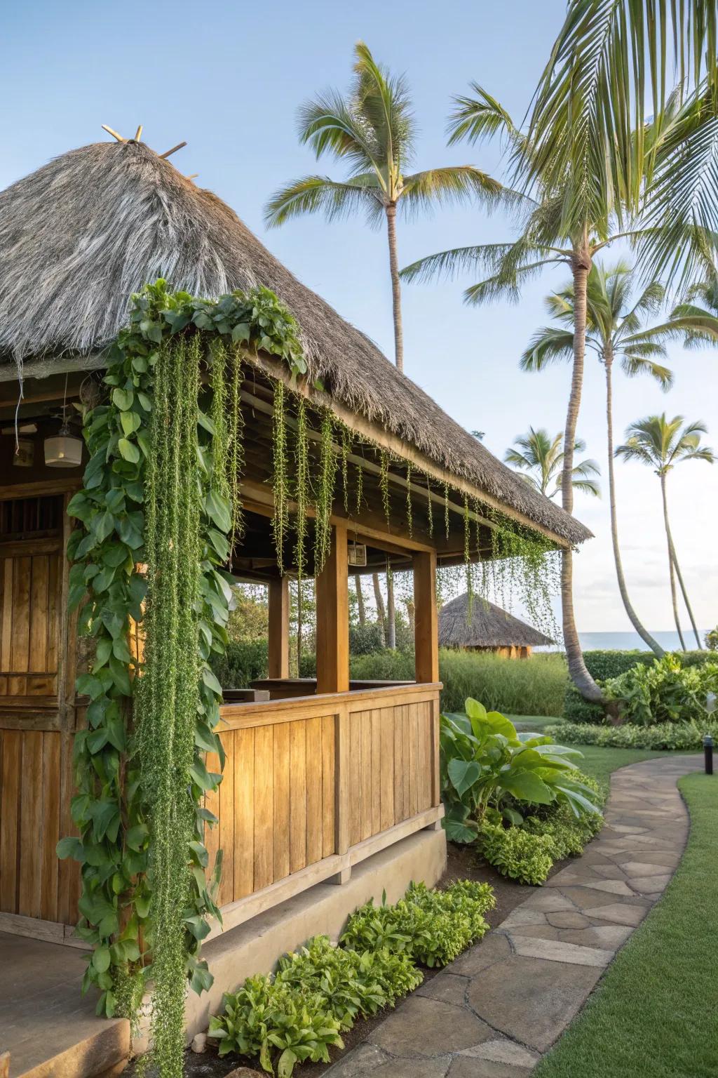 Hanging plants add greenery and a natural feel to your tiki retreat.