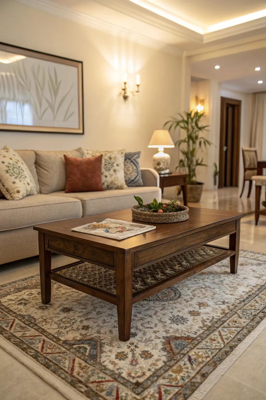 A living room featuring a rug that’s too small, placed awkwardly under a coffee table and not covering the seating area.