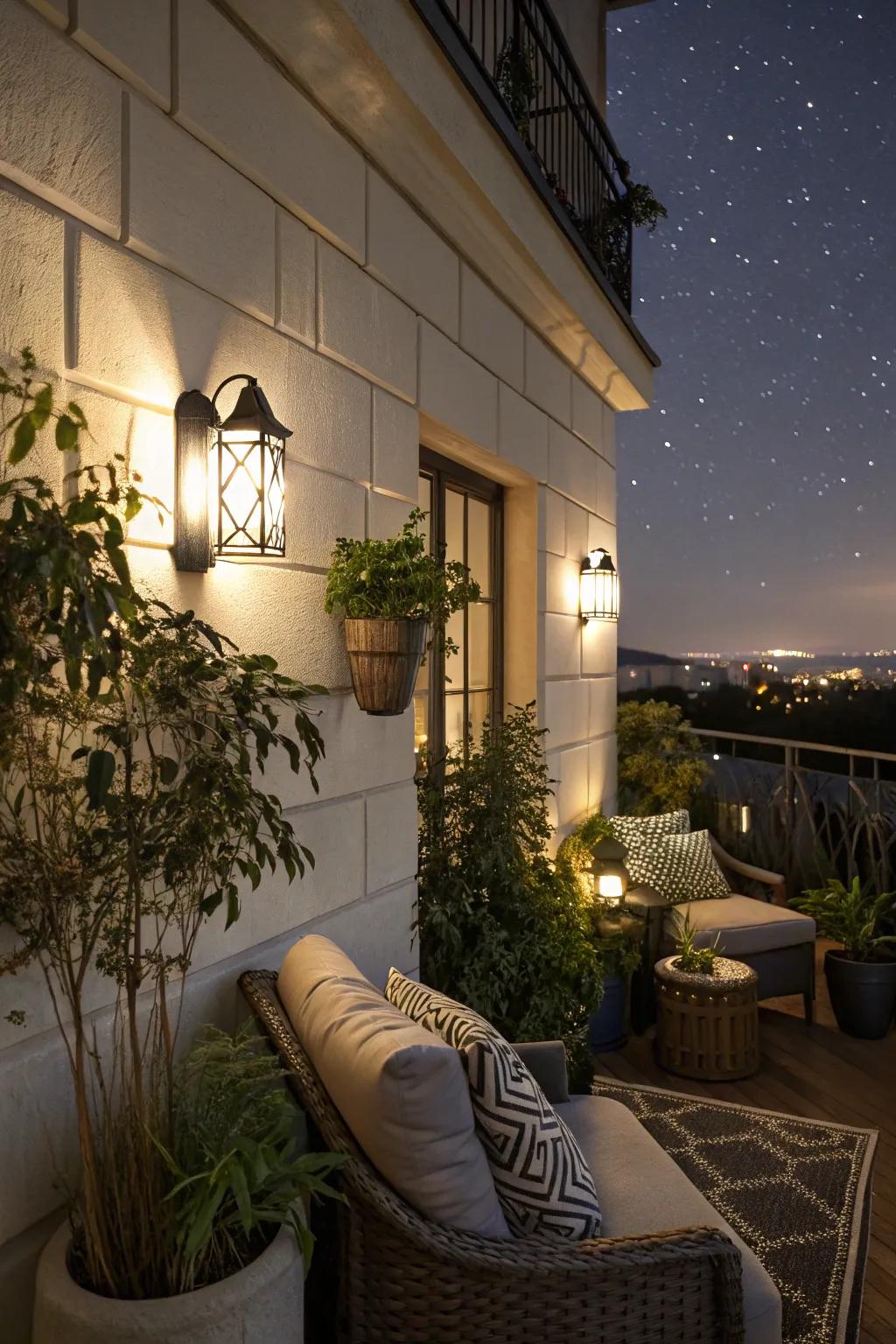 Wall fixtures offer ornamental and practical illumination, elevating your balcony's attributes.