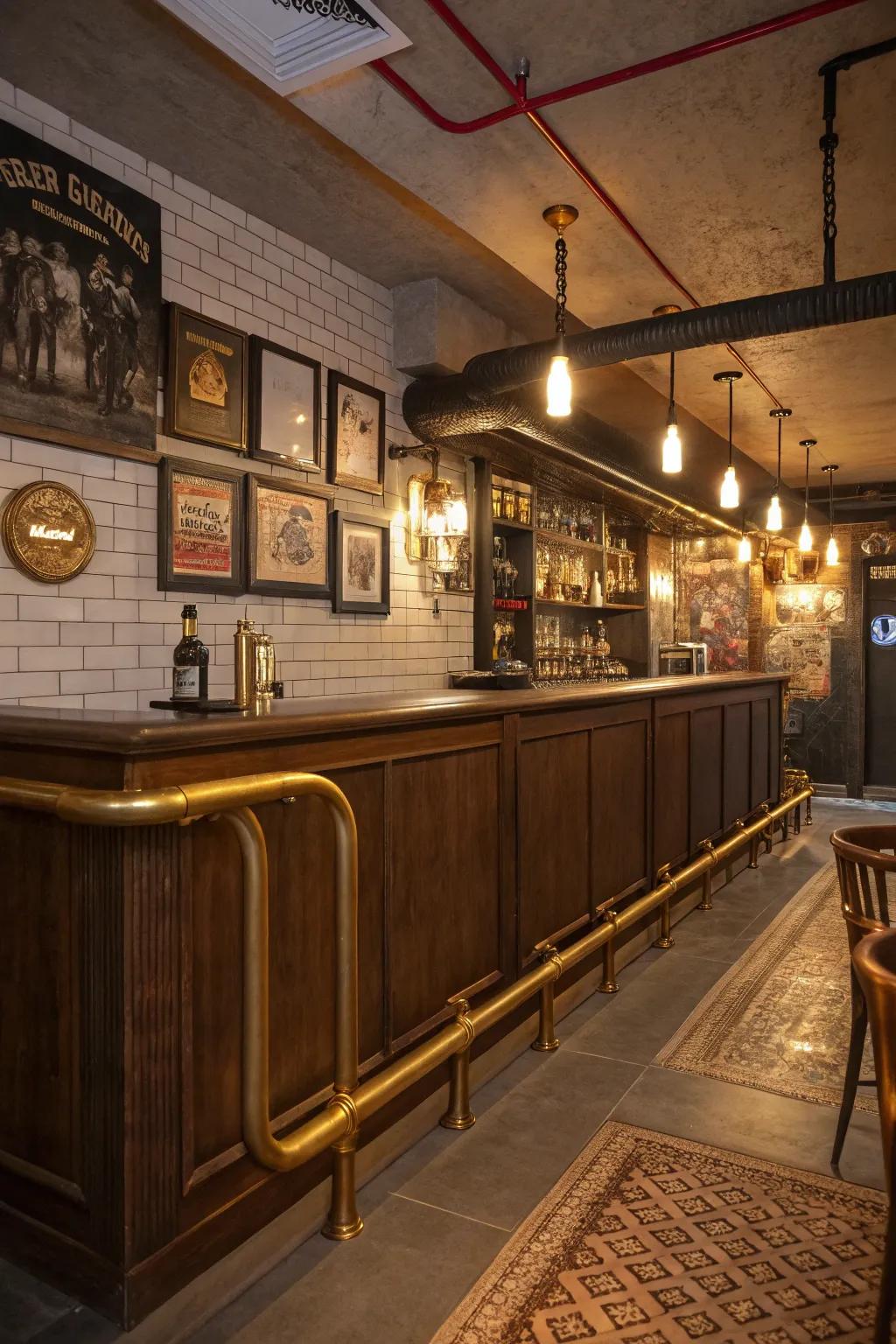 Nostalgic charm from vintage brass pipes in this bar.
