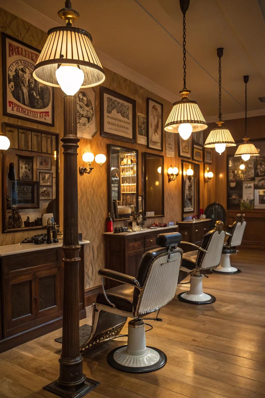 Elegant upright lamps enhance the ambiance in a barbershop.