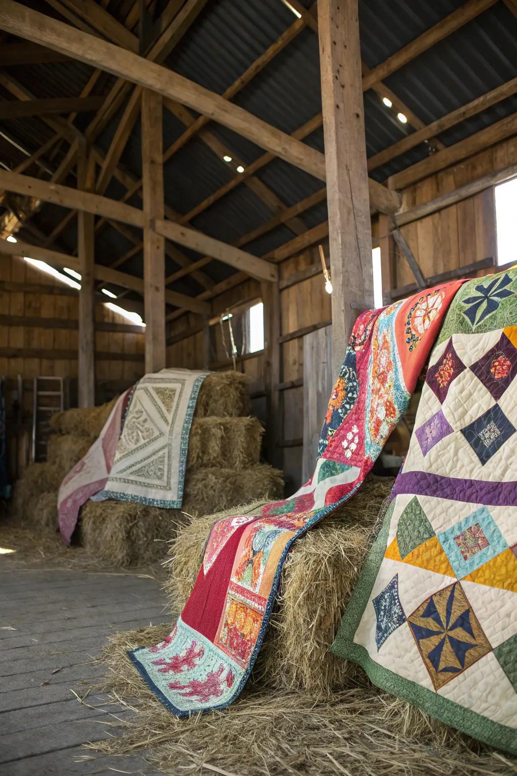 Tapestries add warmth and color to the barn setting.