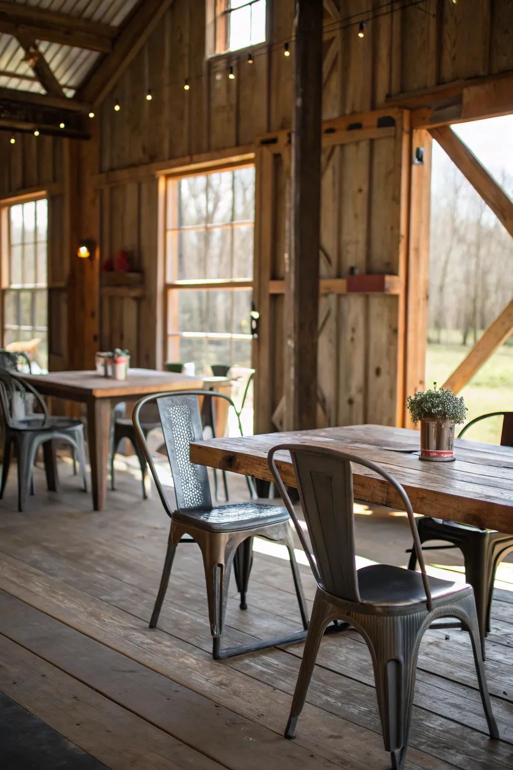 Contemporary and rural elements create striking contrasts.