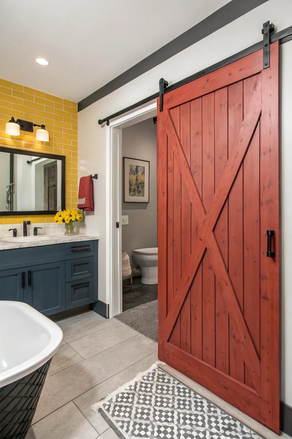 Contrasting shades render the barn door a distinguishing feature.