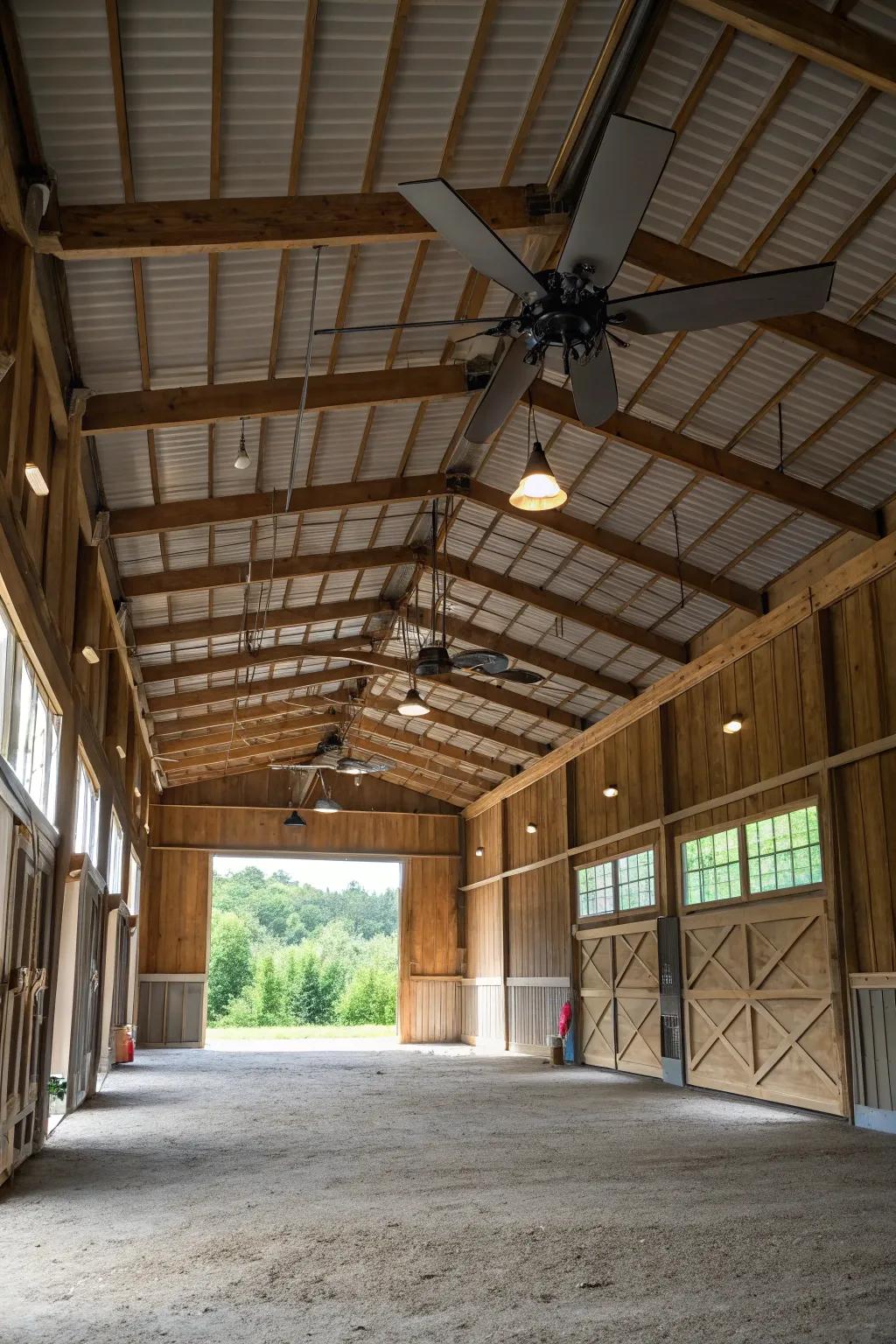 Ceiling fans provide comfort and air flow within this barn garage.