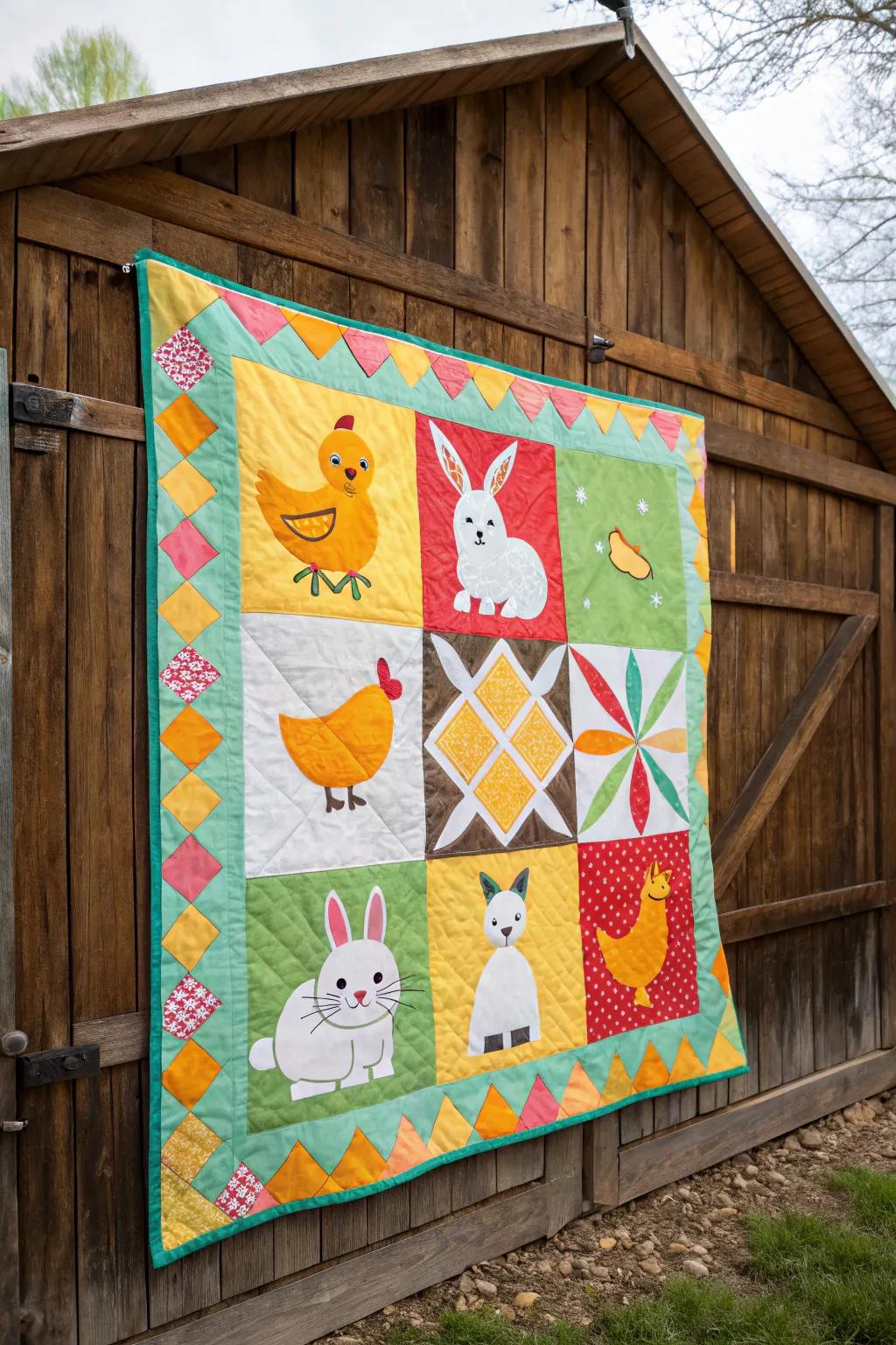 Barn quilt with playful creature designs.