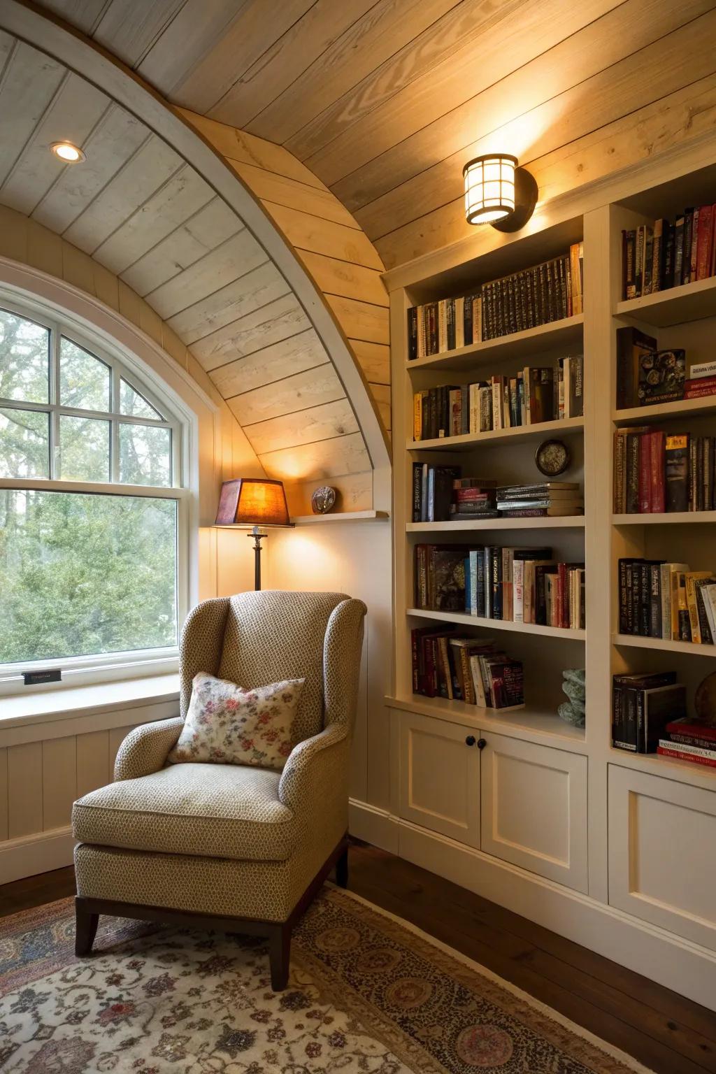 A snug perusing alcove featuring integrated shelving in the arched ceiling.