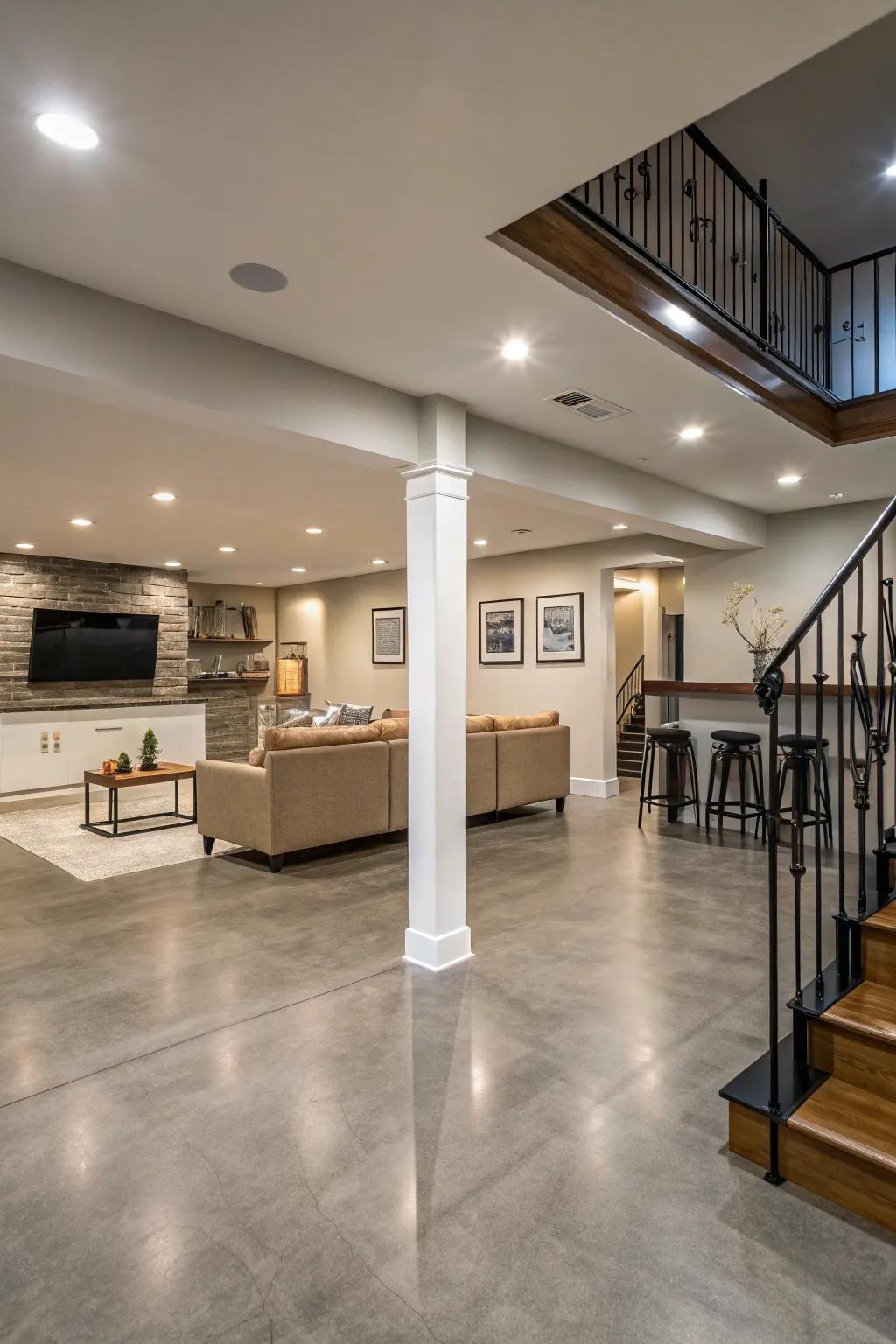 Seamless concrete floor transitions create a flowing and cohesive multi-level basement.