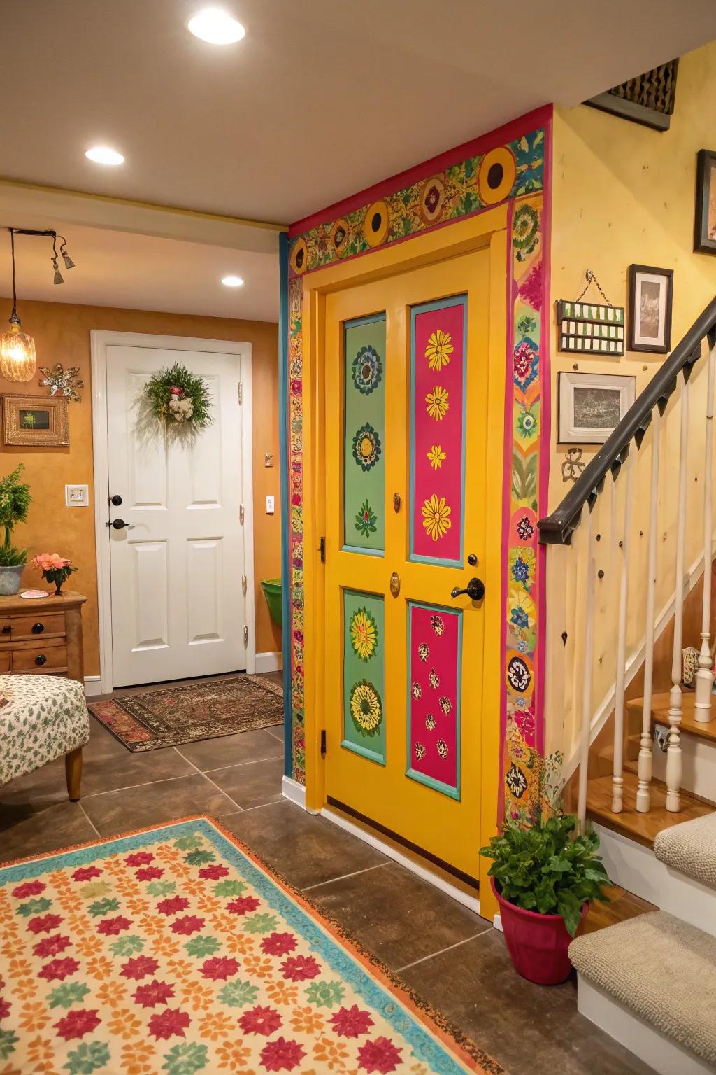 A brightly colored basement door adds personality and vibrancy to the home.