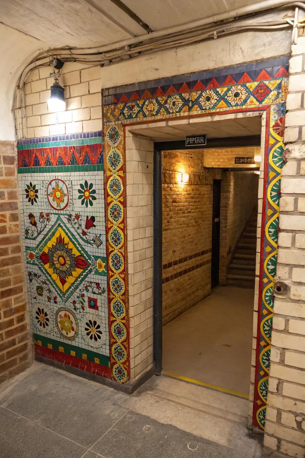 Mosaic designs add color and artistry to the entrance.