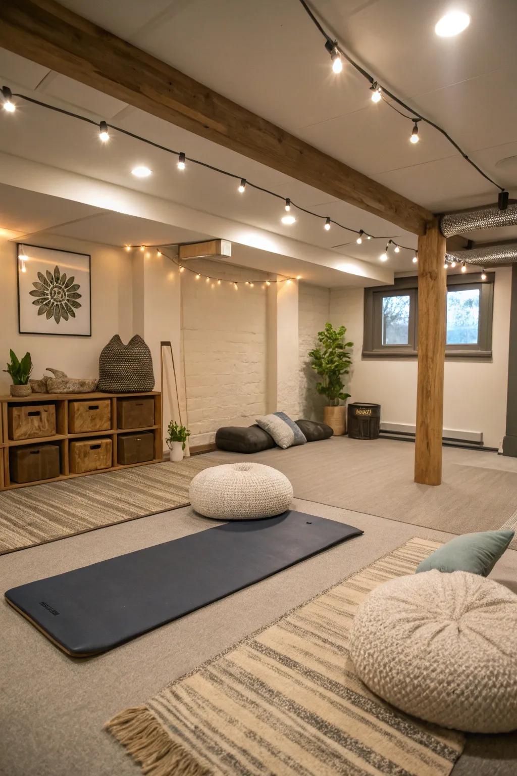 A relaxation corner provides a calming space for cooldowns.