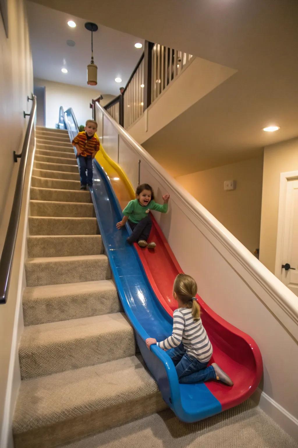 A stair slide brings playfulness and excitement to the stairwell.