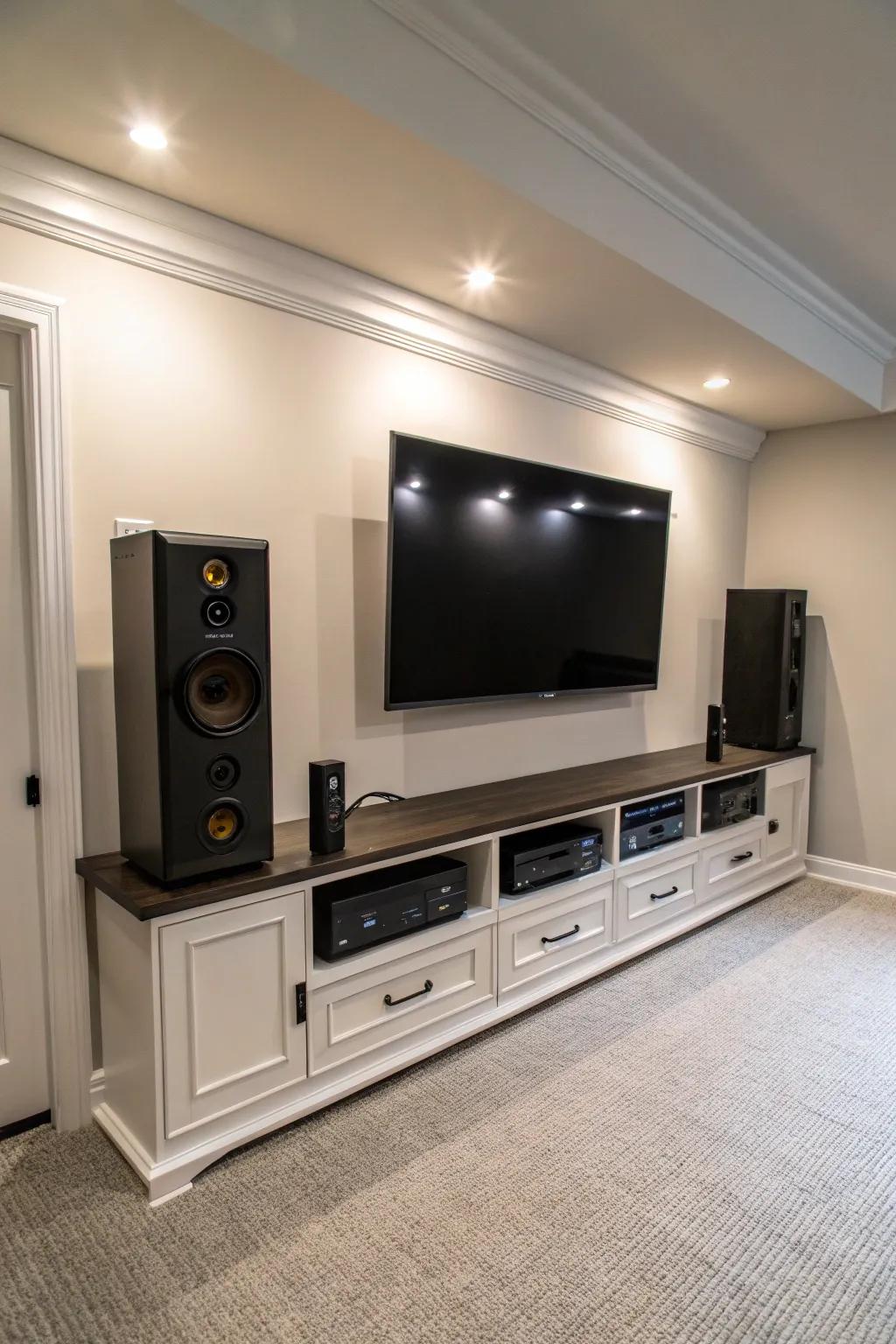 A basement TV wall featuring polished wall-mounted speakers for an enhanced audio expedition.