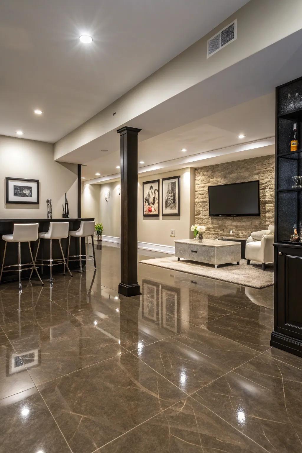 Lustrous vinyl flooring delivers a sleek, polished surface.