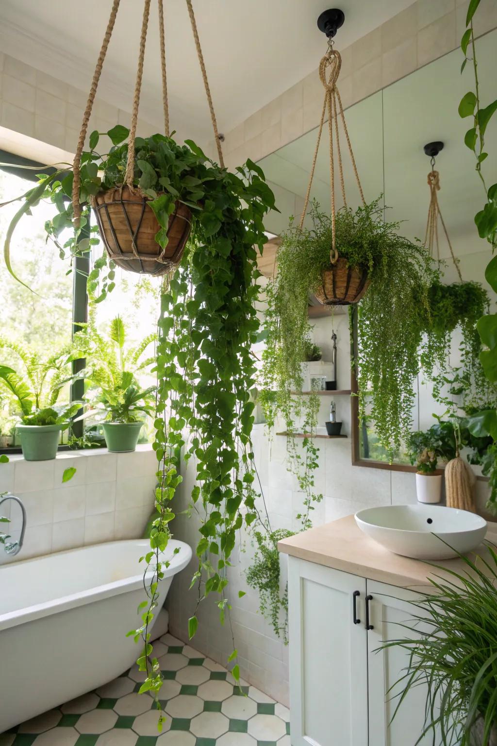 Hanging plants introduce a lively and refreshing natural touch to your bathroom ceiling.