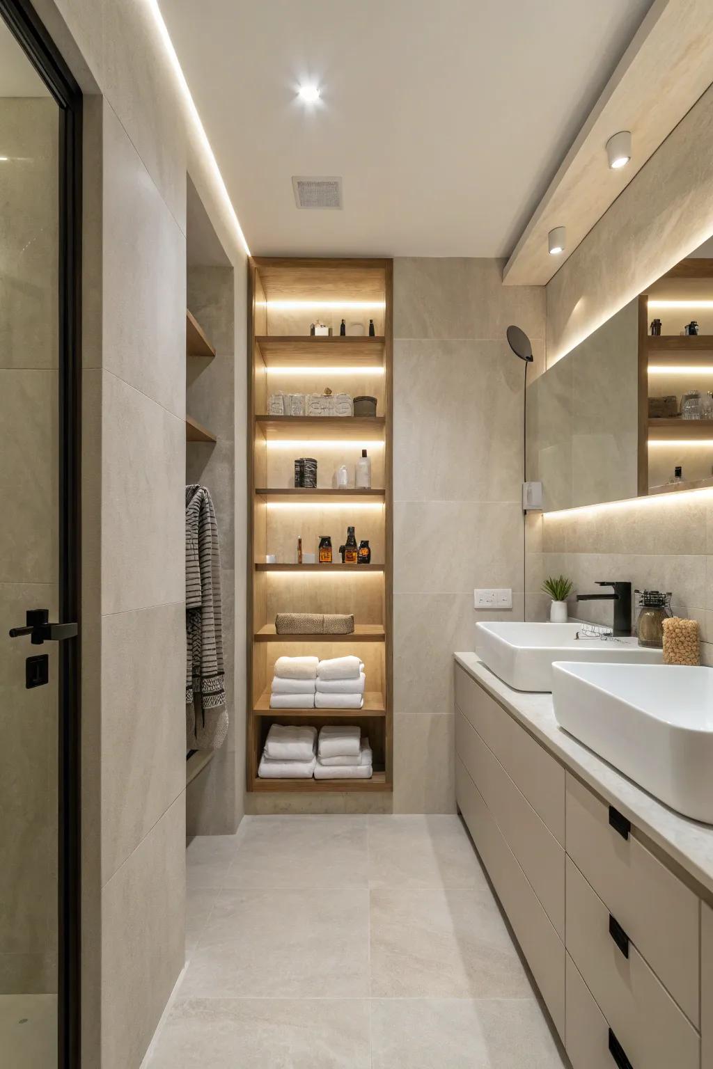 Streamlined shelving creates a minimalist and modern bathroom aesthetic.