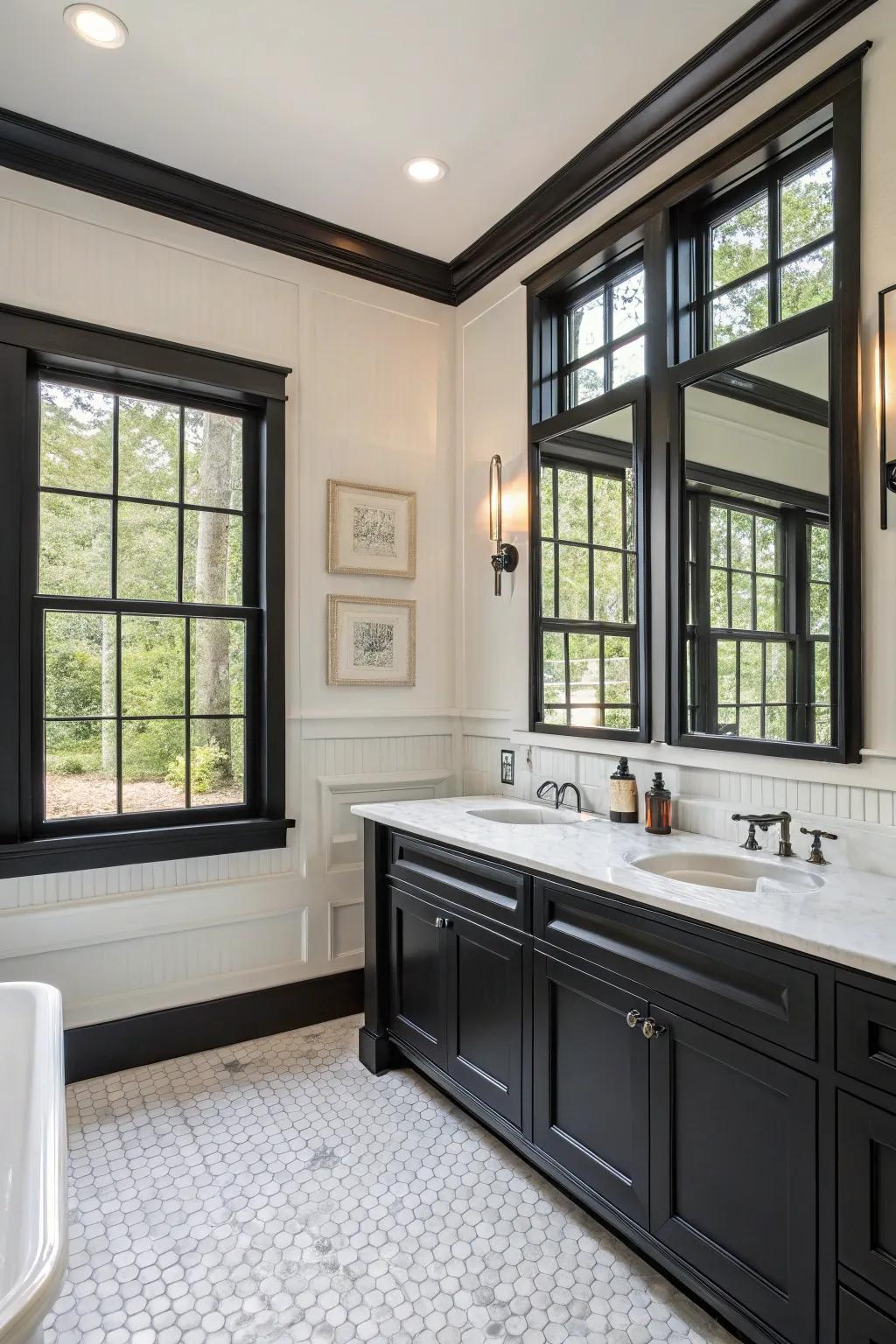 Onyx edging integrates theatrical flair and striking contrast to the bath space.