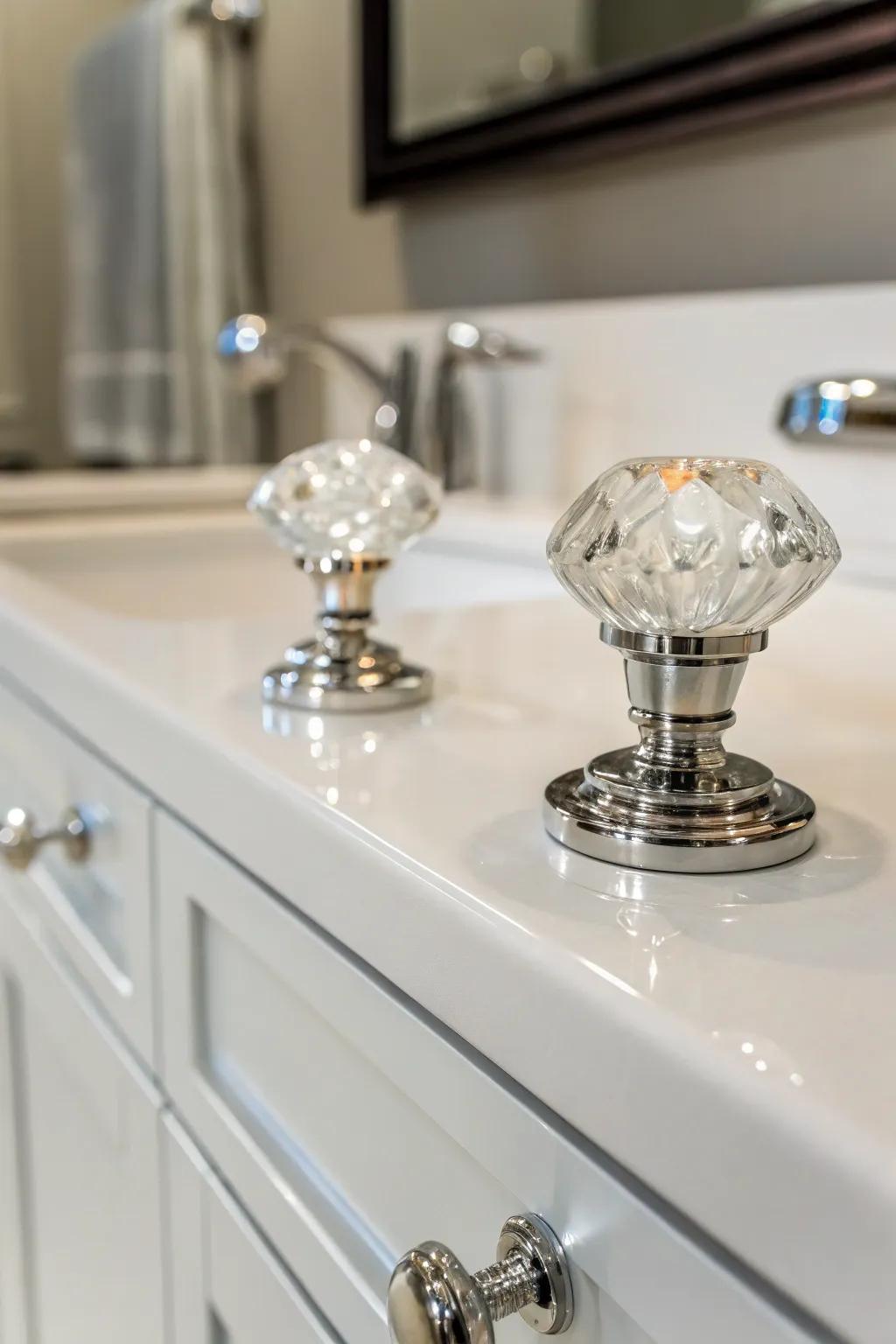 Vitreous knobs add sophistication with a contemporary touch.