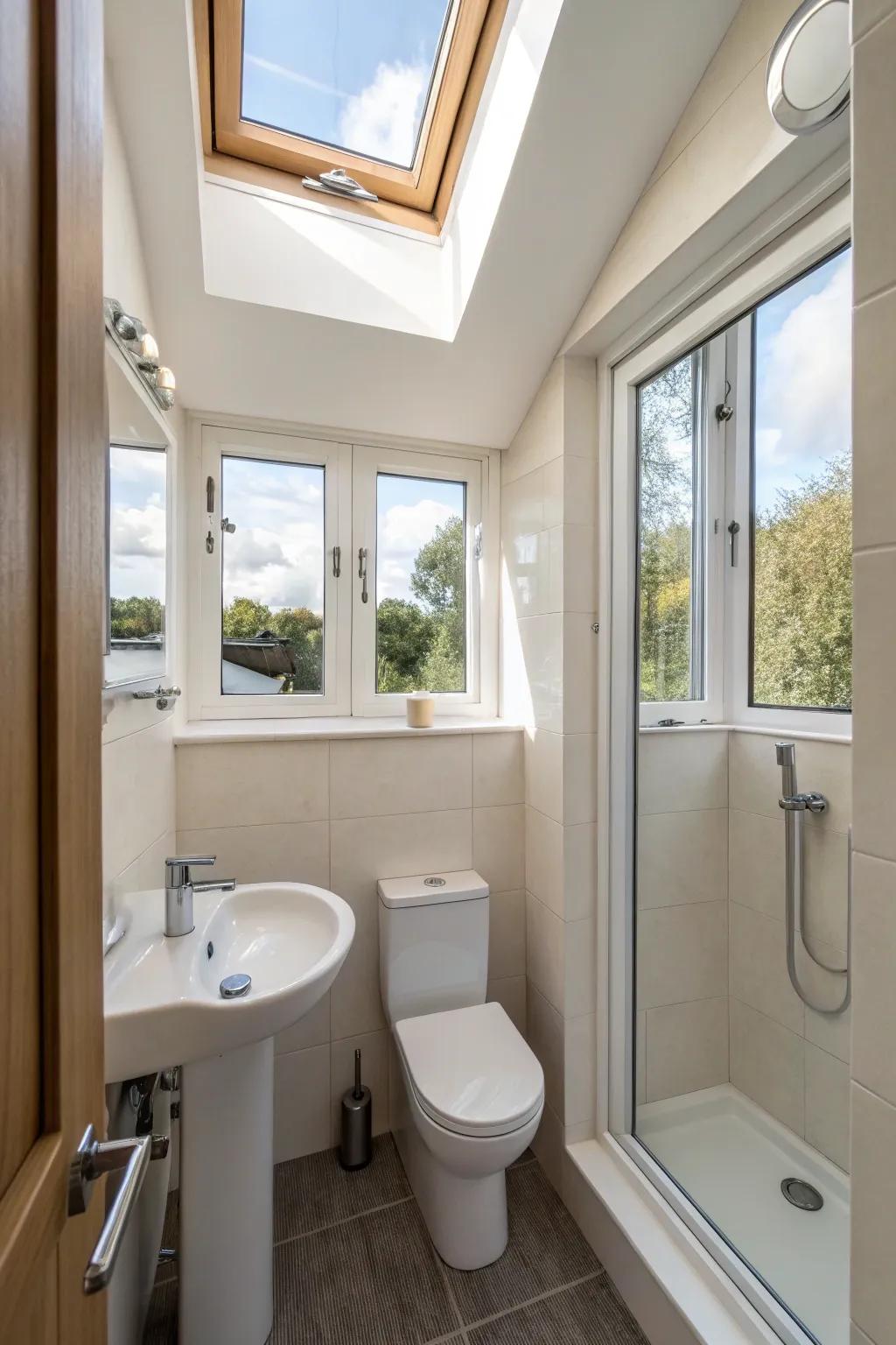 Small windows add light to a small bathroom.