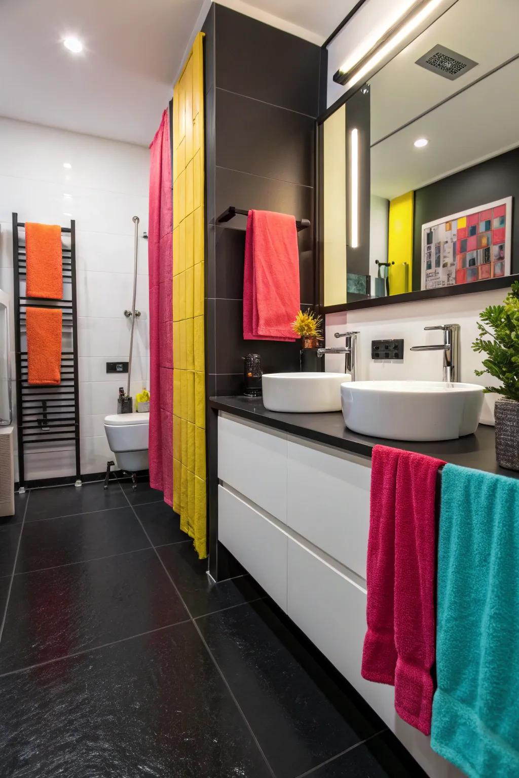 Bright color accents bring character and vibrancy to the dark-toned floor.