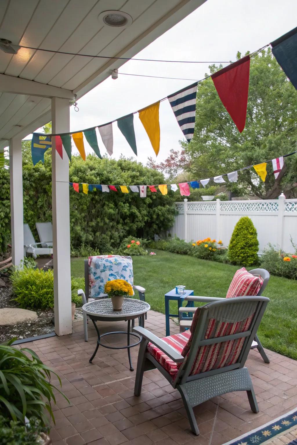 Nautical flags add a sea theme and lively color to outdoor spaces.