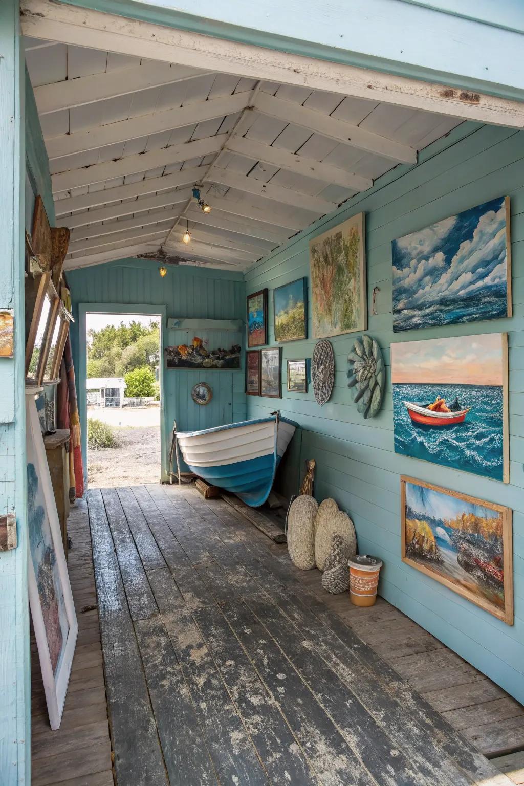 The garage gains character and charm from coastal art.