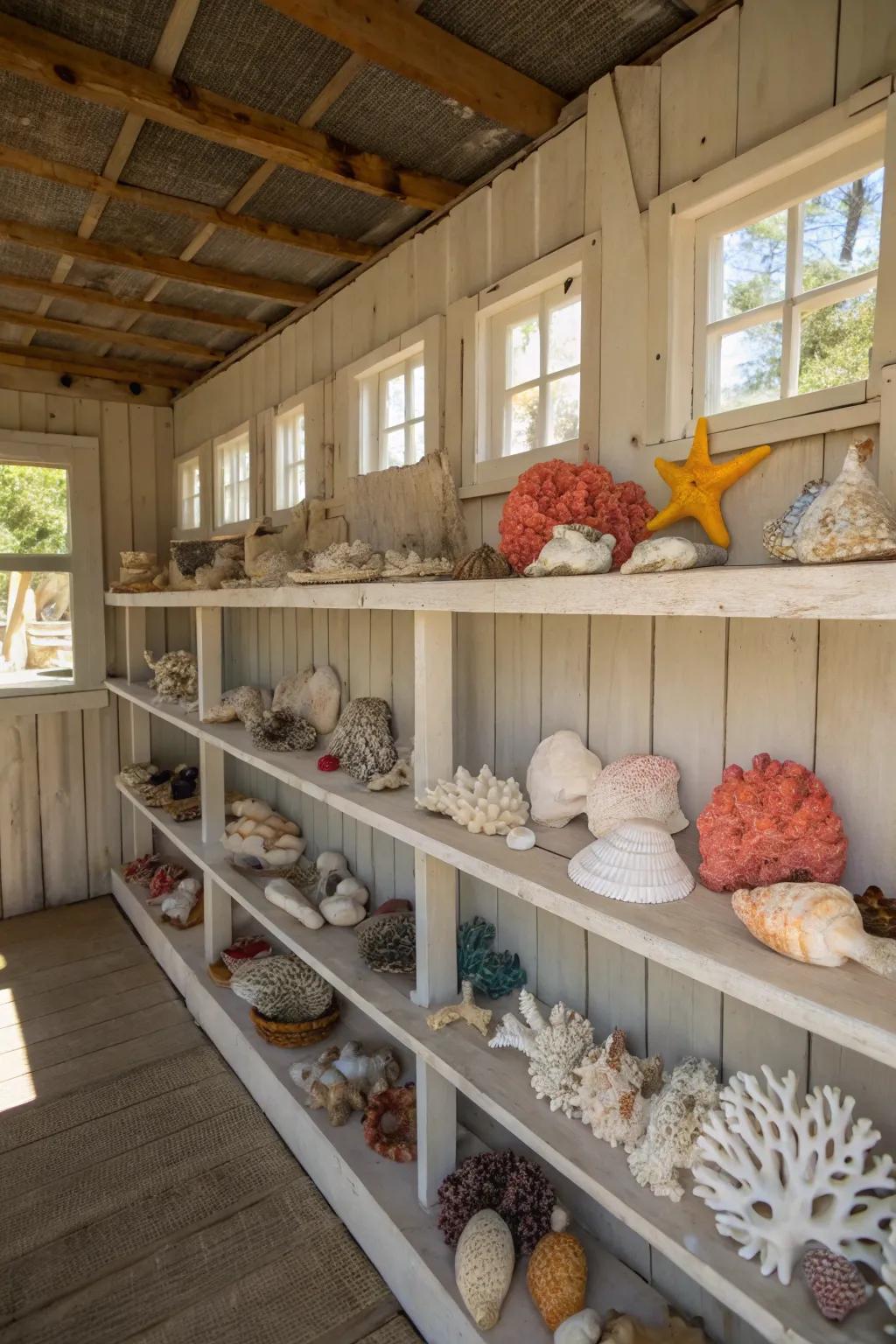 Shell and coral collections add natural beauty to the beach outbuilding interior.
