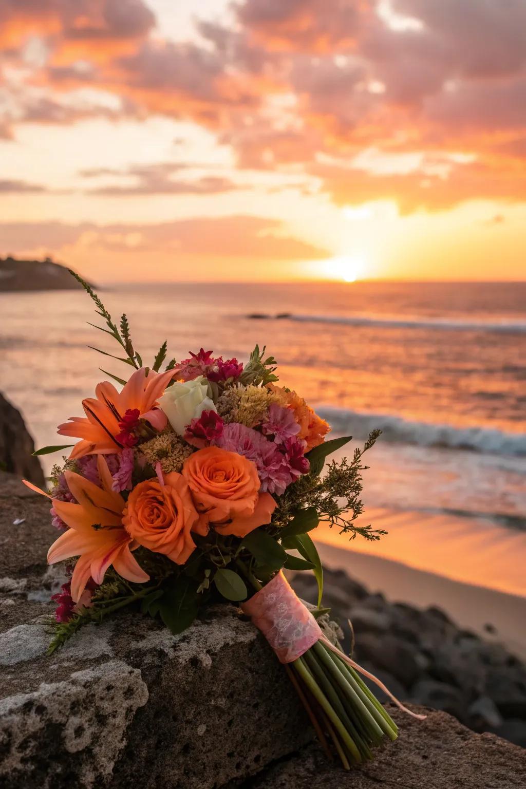 A bouquet showcasing twilight colors that reflect the evening beach ambiance.