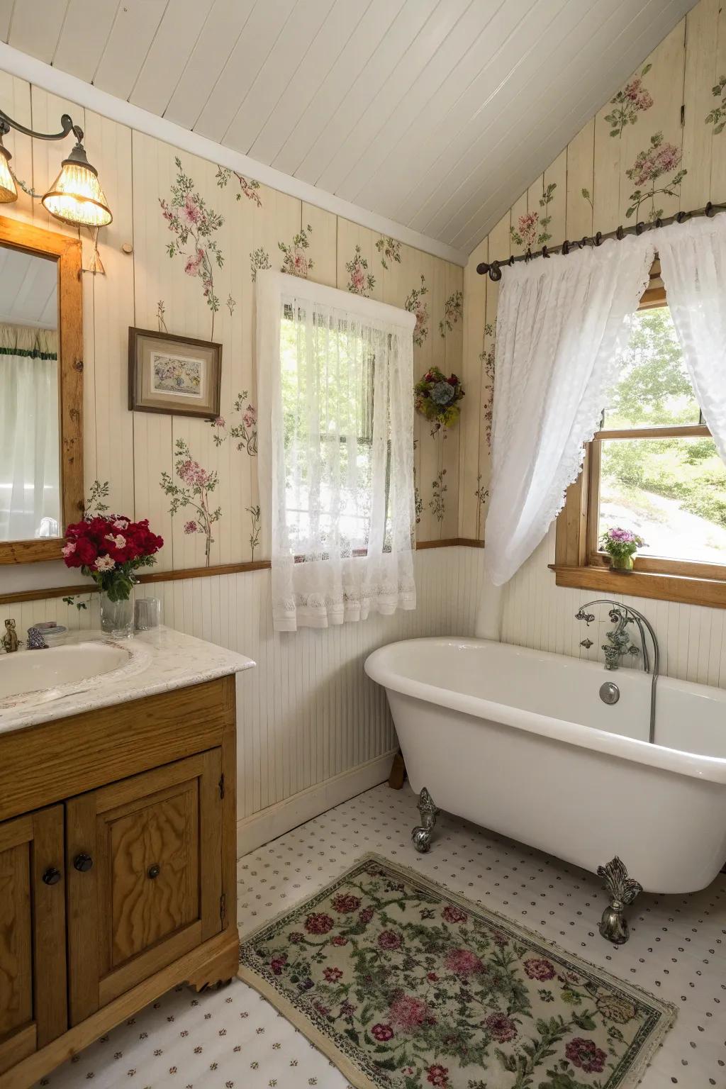 Paneling and floral decorations establish country charm.