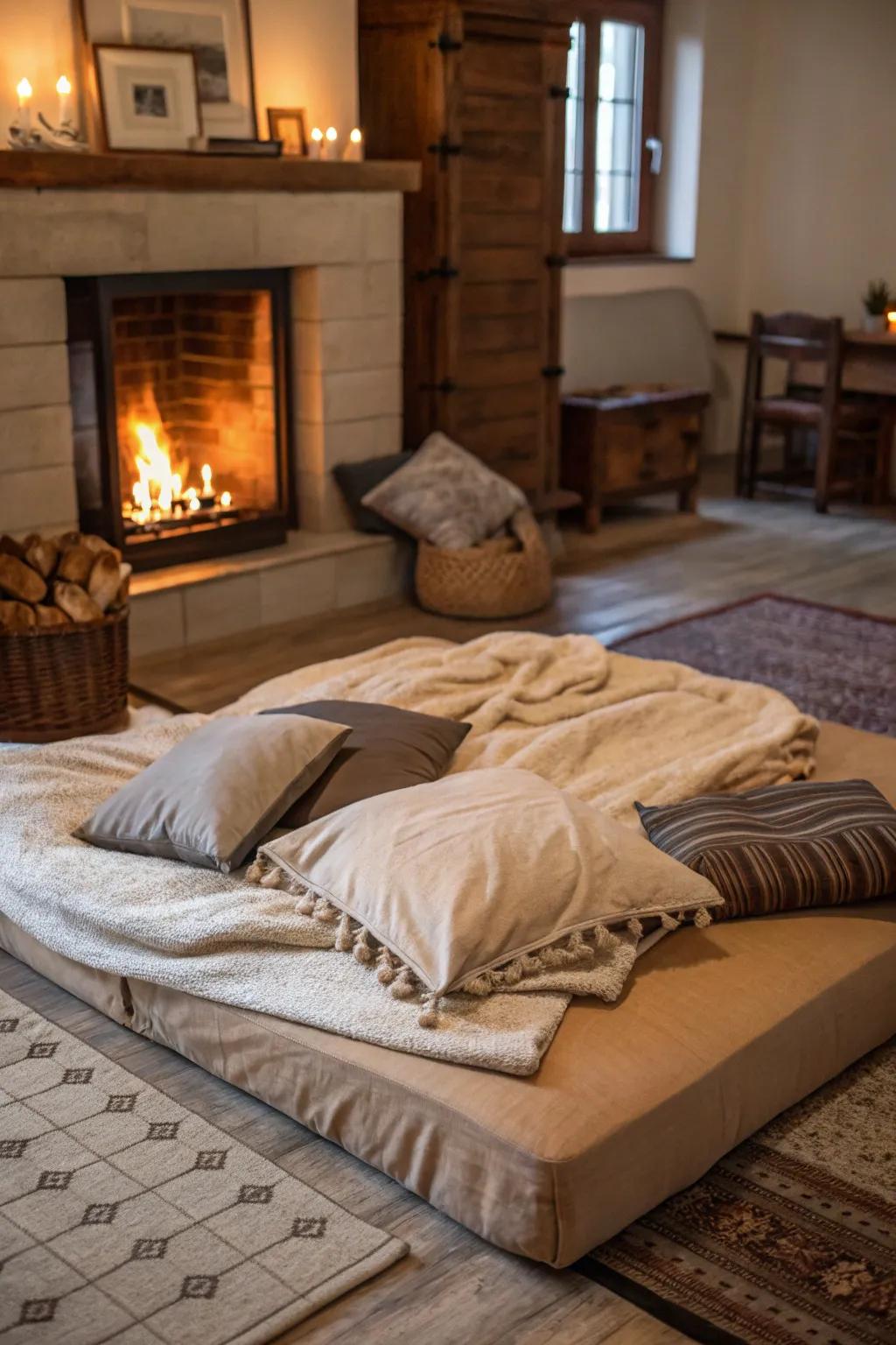 Add warmth and coziness with a fireplace near the floor bed.