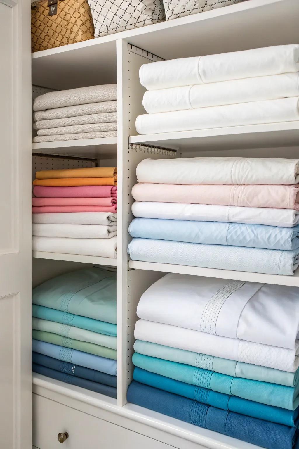 Color coordination adds a touch of sophistication to your linen storage.
