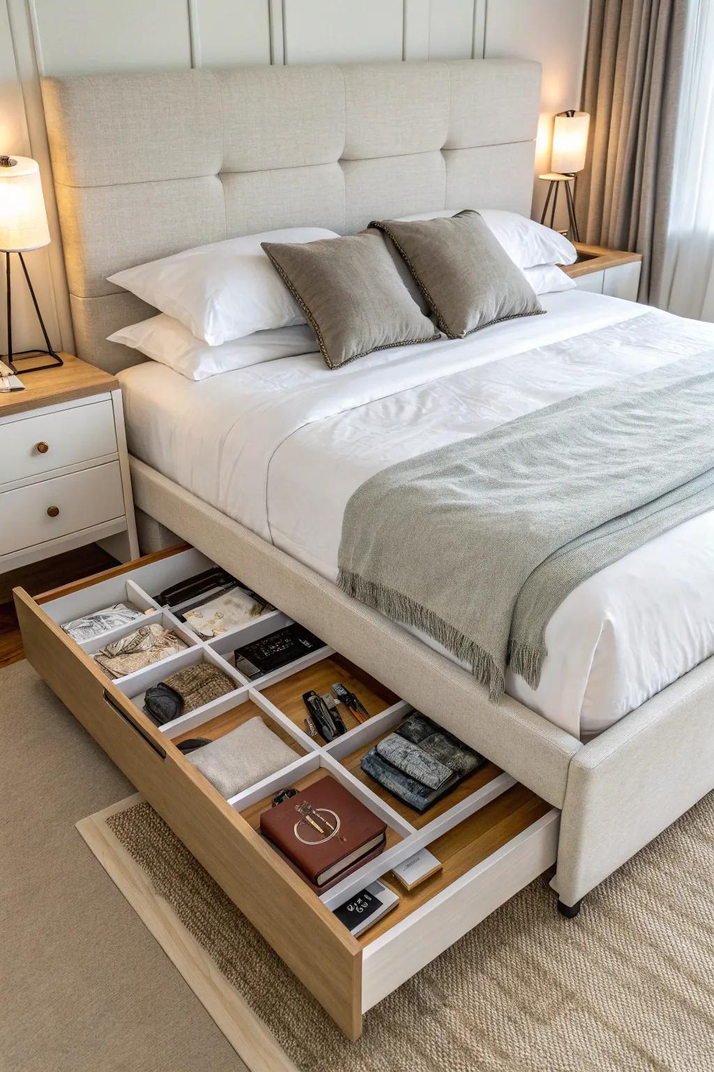 Integrated storage units preserve a bedroom's tidiness and clutter-free state.