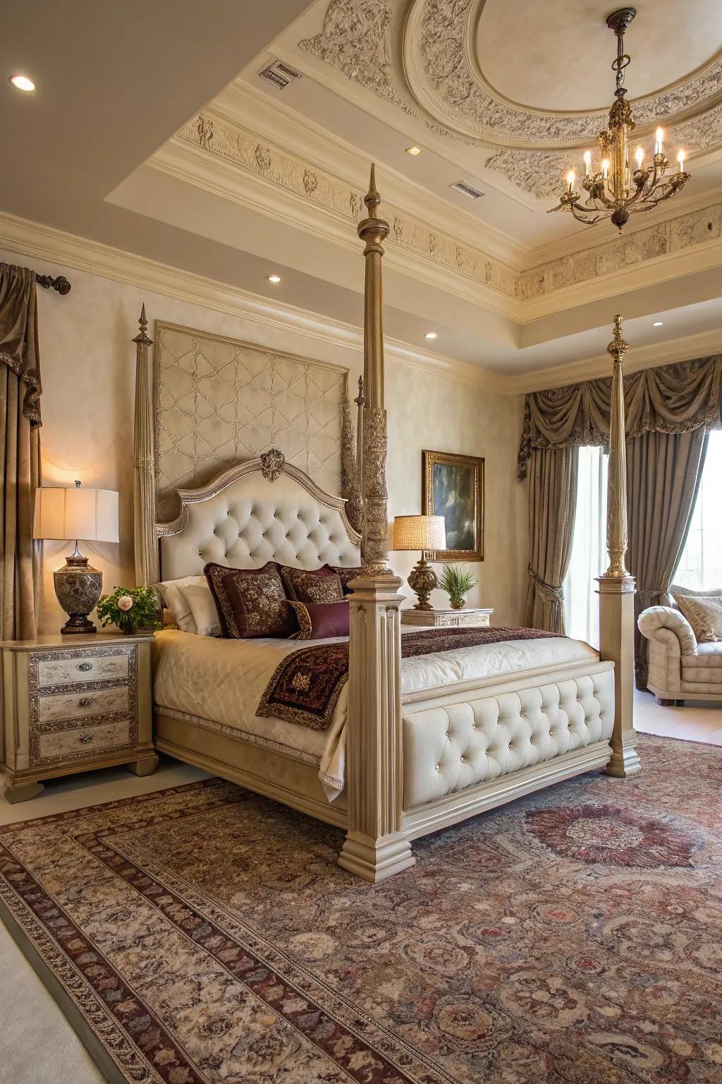 Fabric-covered bedposts add a glamorous touch.