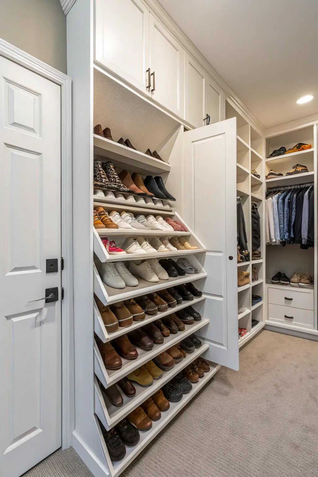 Angled shoe racks keep your footwear in order and easily accessible.