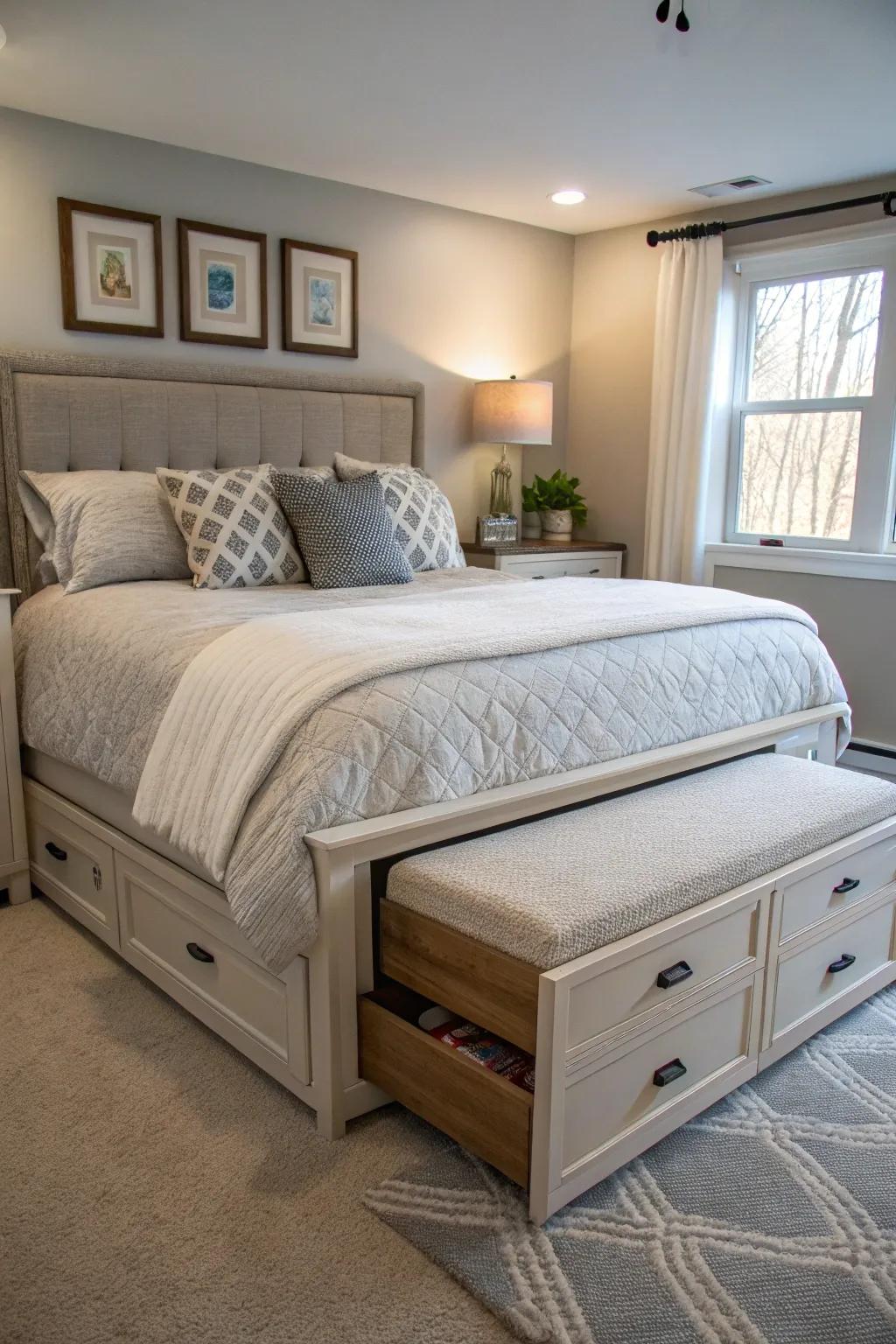 Furniture with multiple uses maximizes space efficiency.