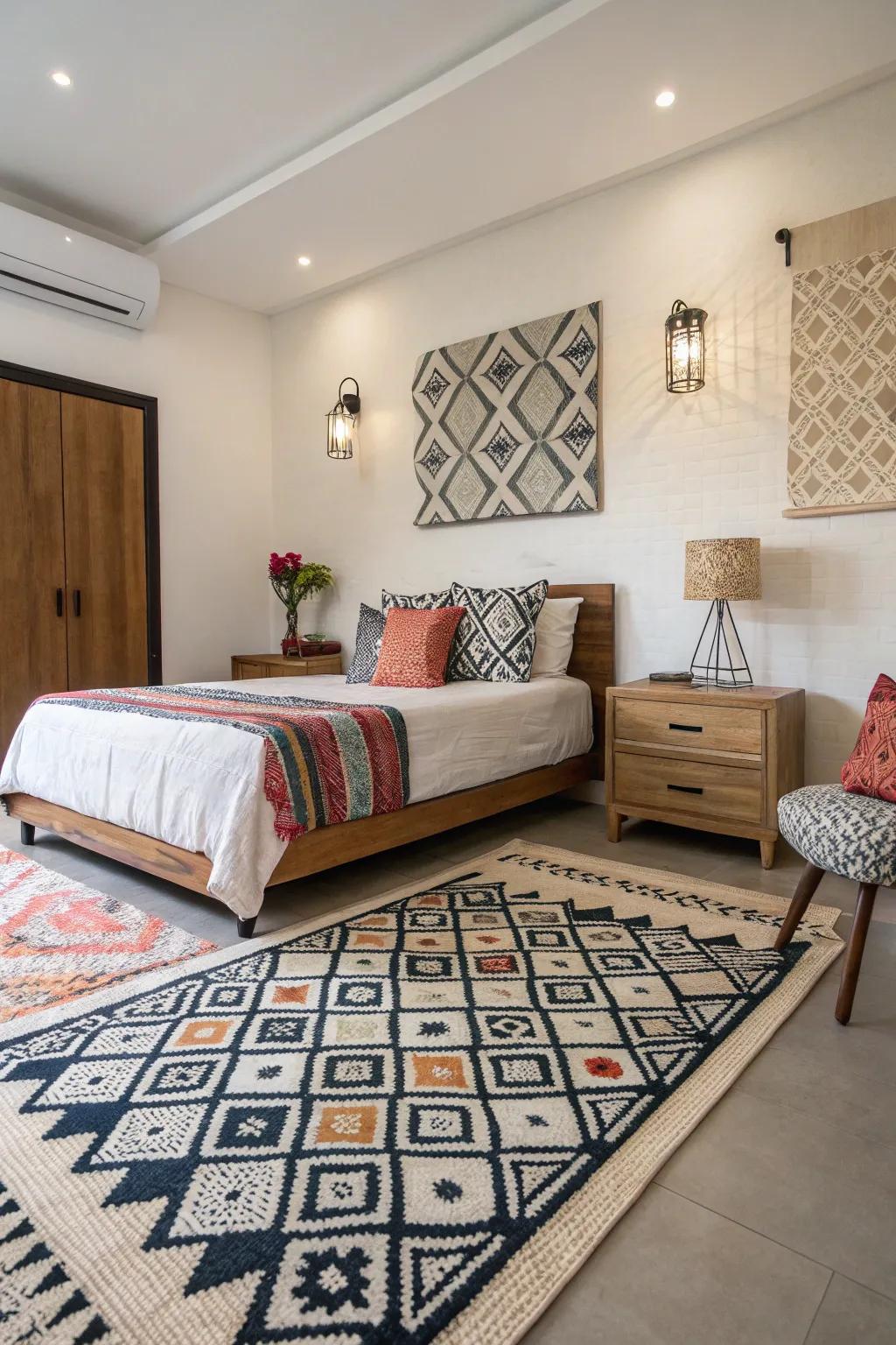 Geometric patterns give a modern edge to bedroom design.