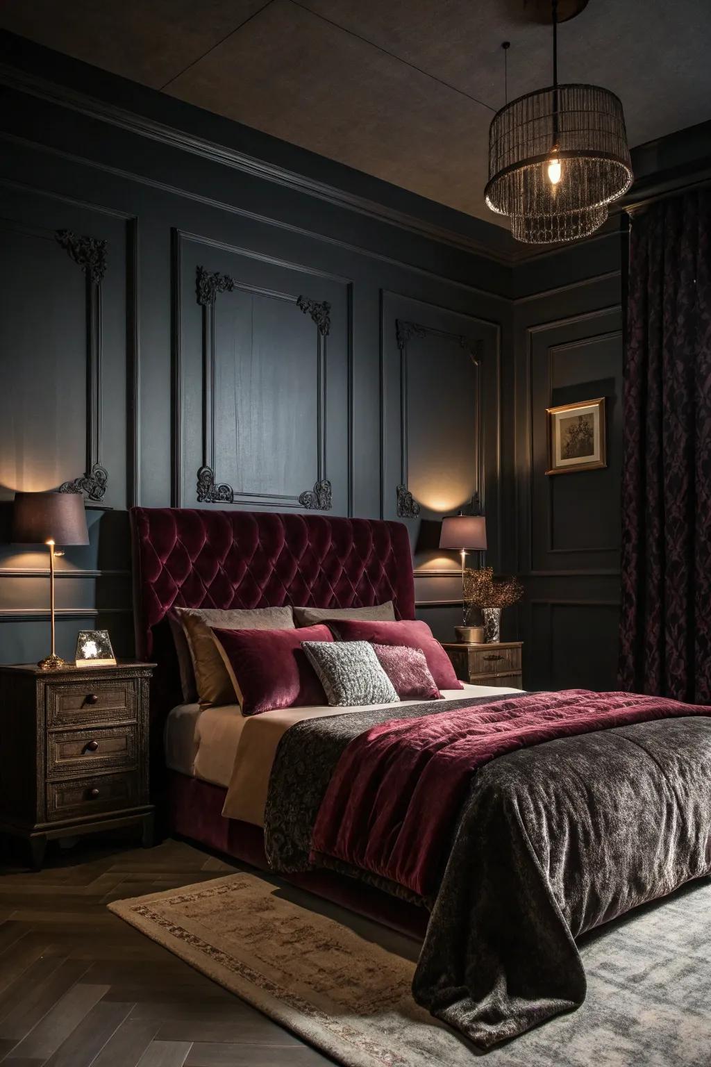 Dark hues and rich textures create an intimate and striking atmosphere in this bedroom.