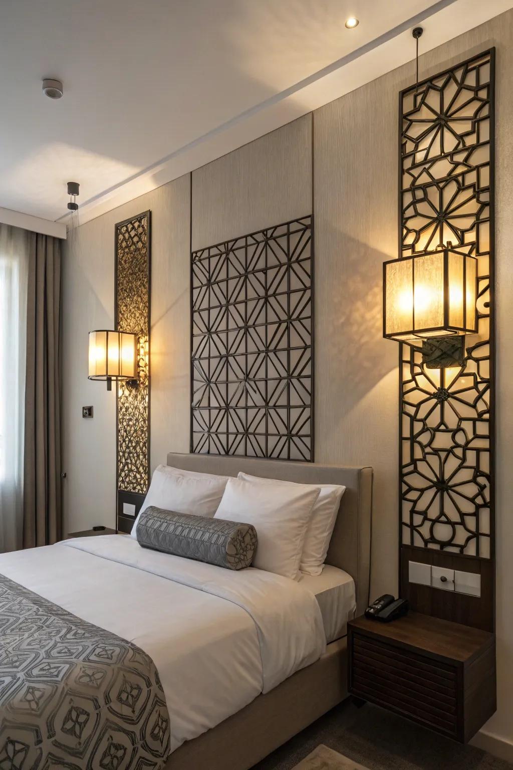 Geometric lights function as stylish statement pieces.