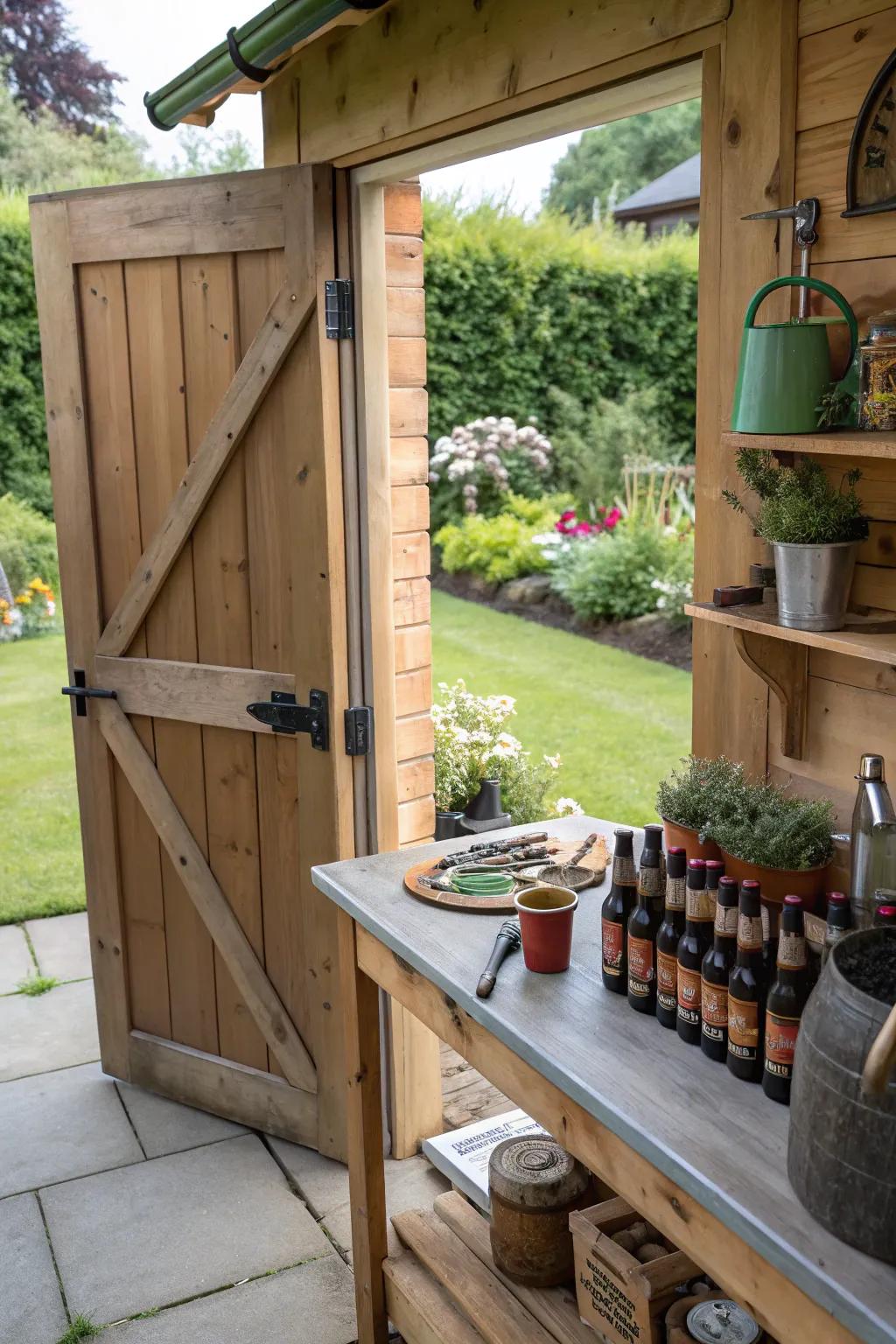 A garden outbuilding with a planting table creatively safeguarding brew bottles.