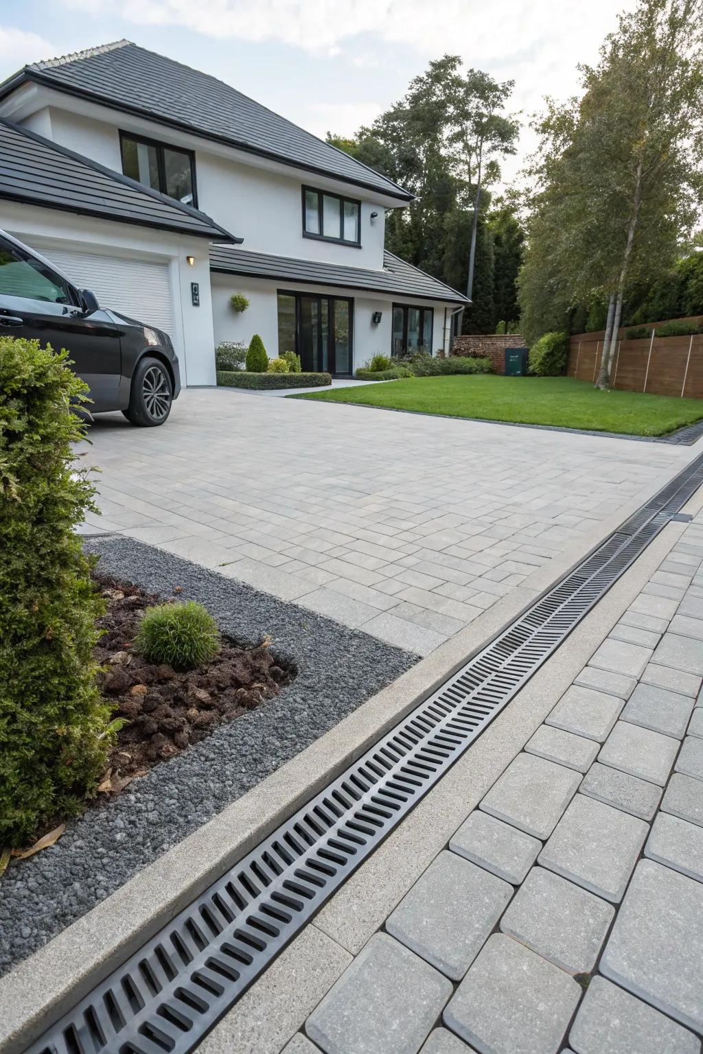 A driveway featuring a smart drainage system for efficient water management.