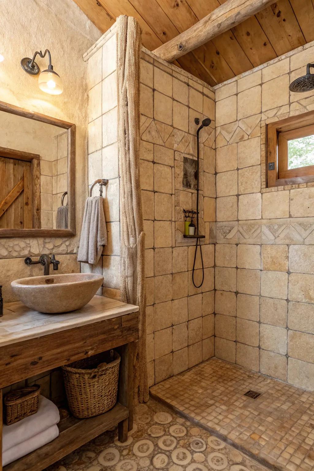 Rustic textures fashion a cozy and welcoming shower area.