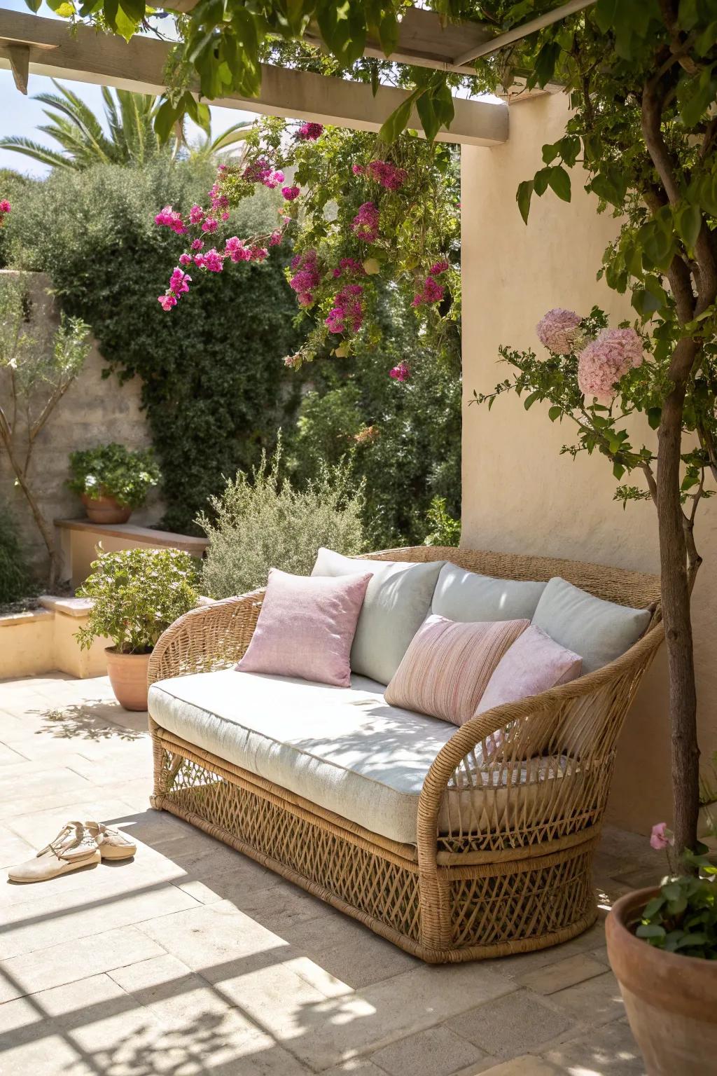 Wicker benches bring easygoing elegance and comfort to any outdoor space.