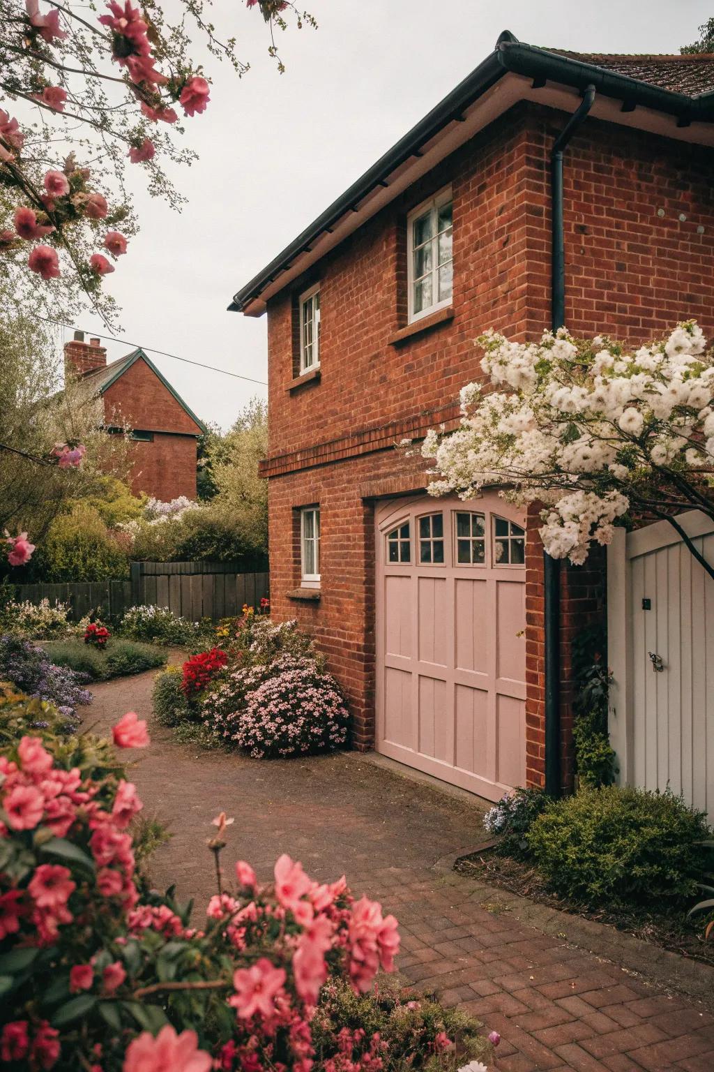 Subdued rose garage doors make a charming statement on red brick homes.