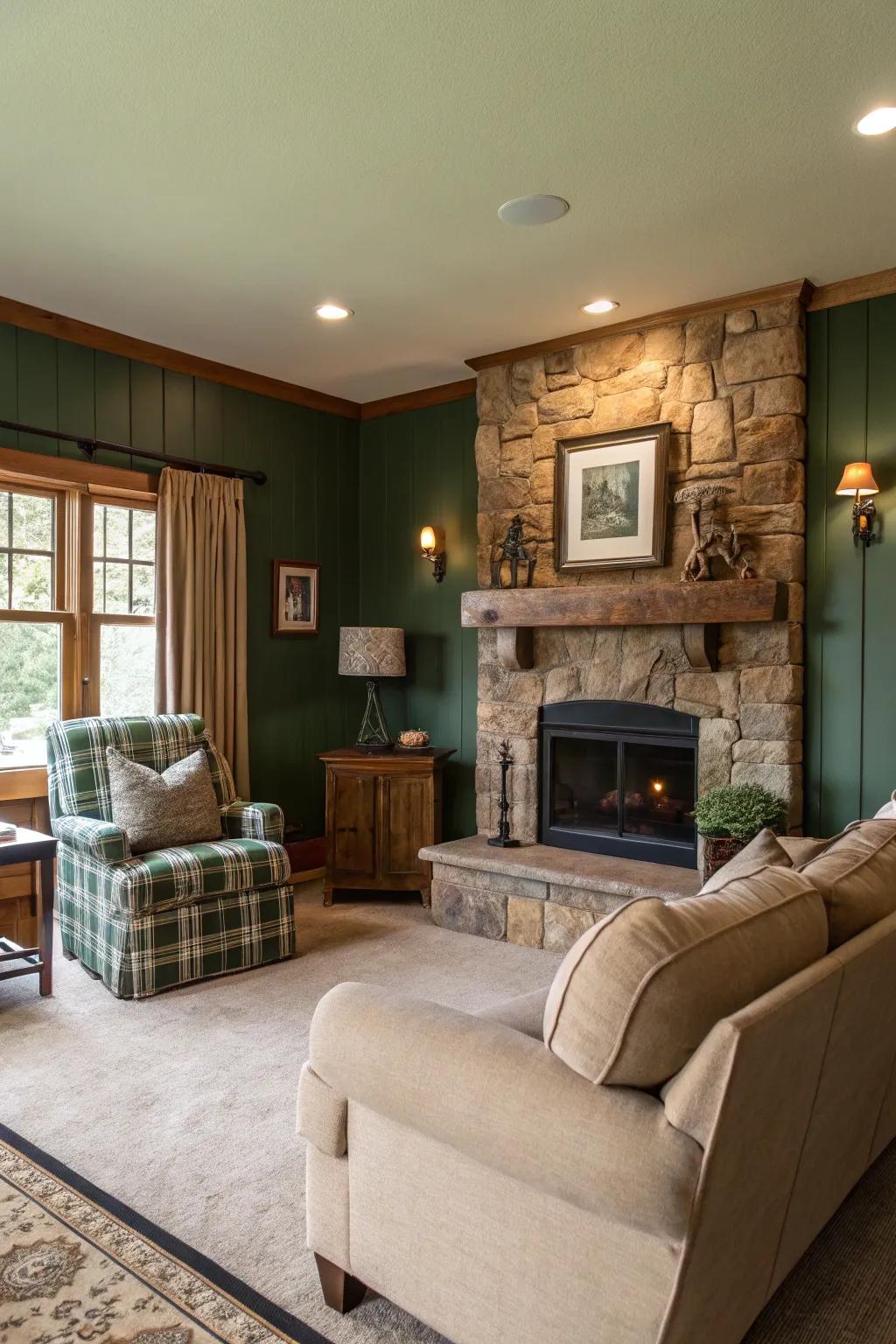 A rustic living room with rich pine green walls.