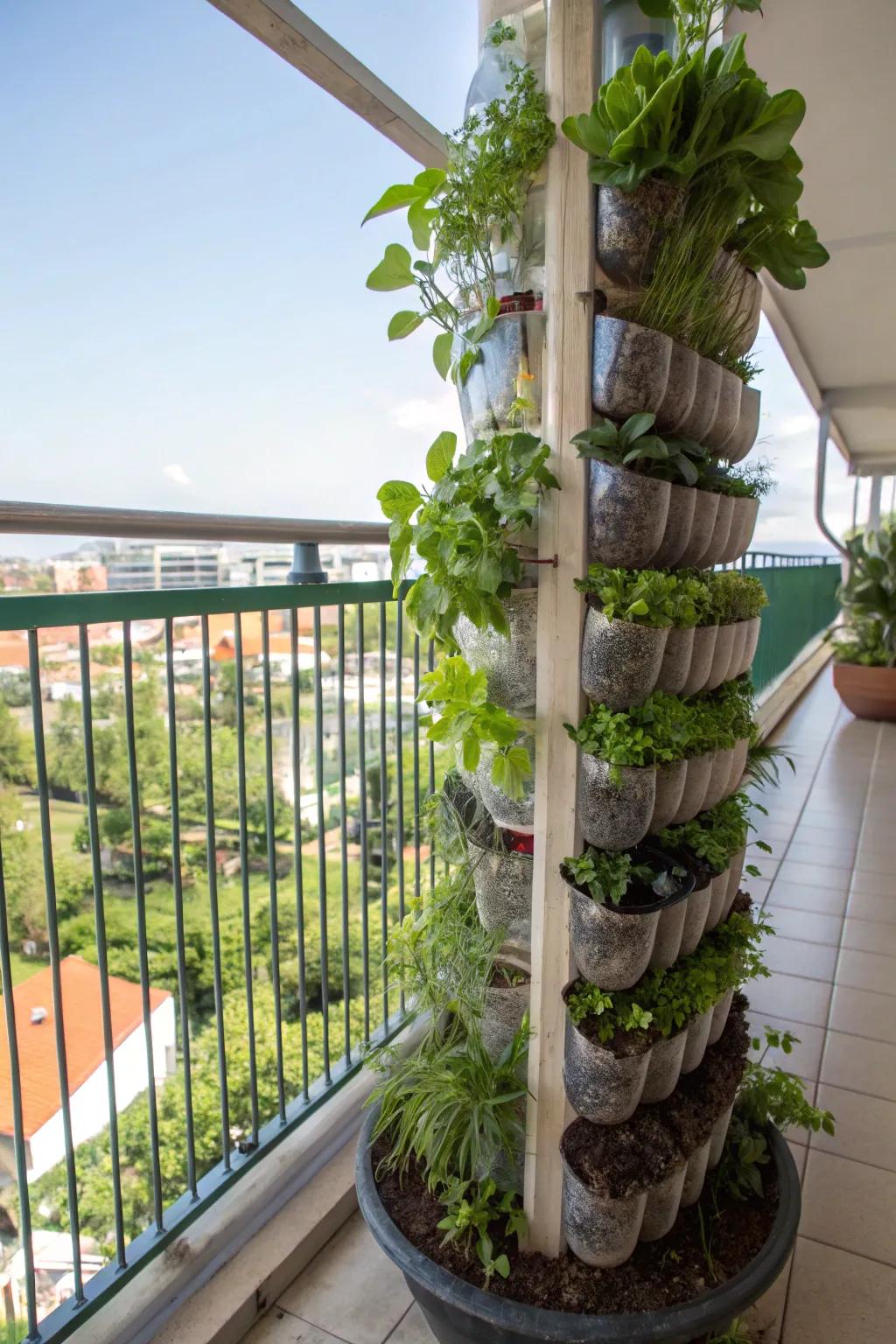 Expanding upwards utilizing a vertical bottle garden.